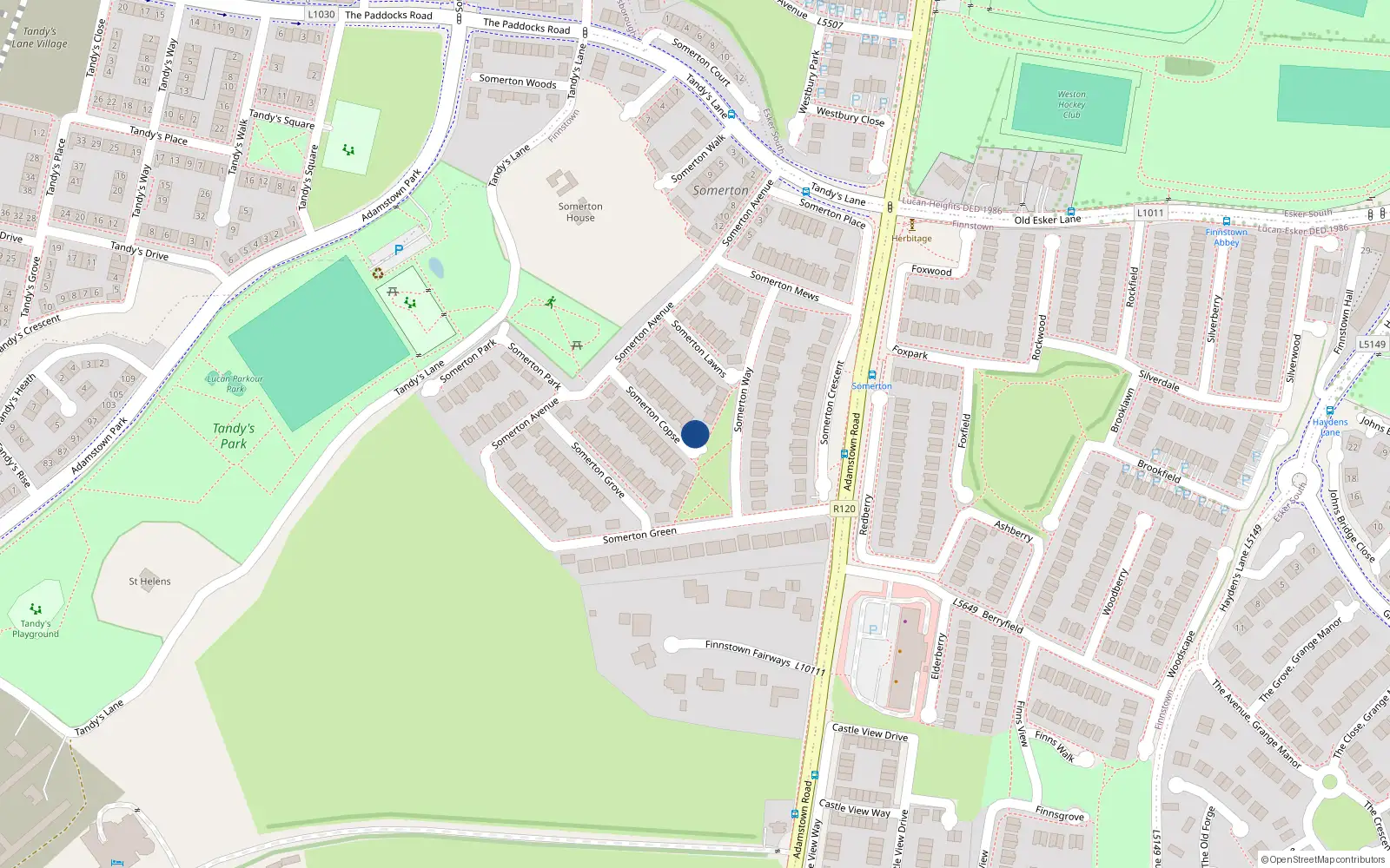 Overhead map showing the location of 16 Somerton Way, Lucan
