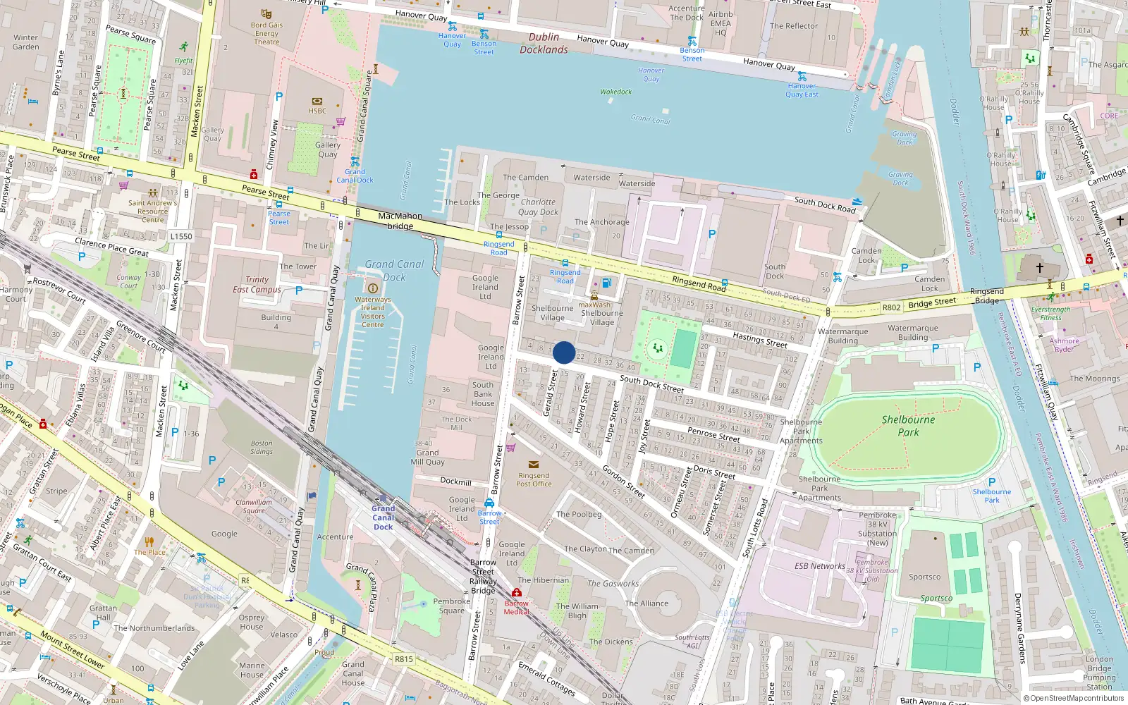 Overhead map showing the location of 16 South Dock Street, Dublin 4