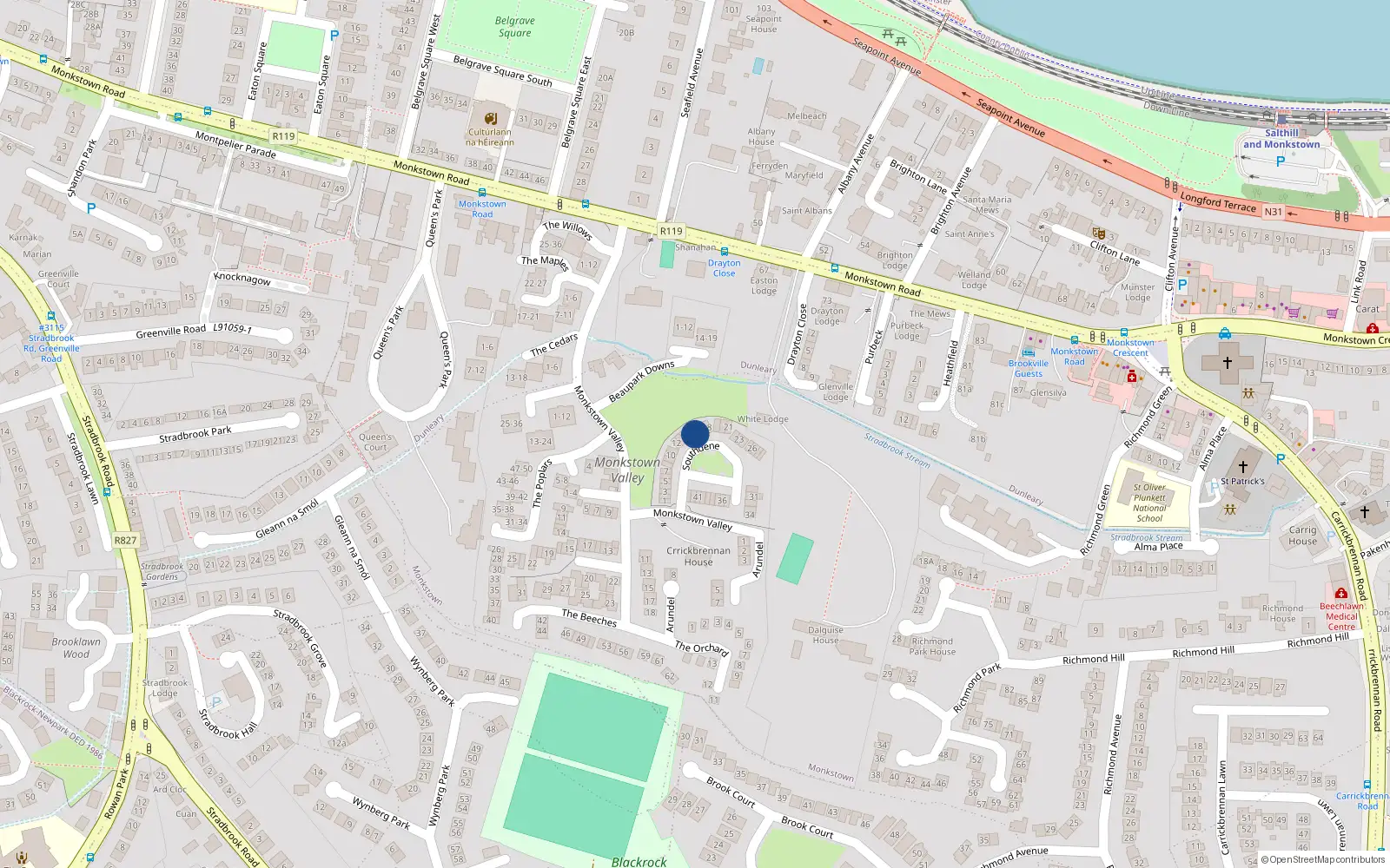 Overhead map showing the location of 16 Southdene, Monkstown
