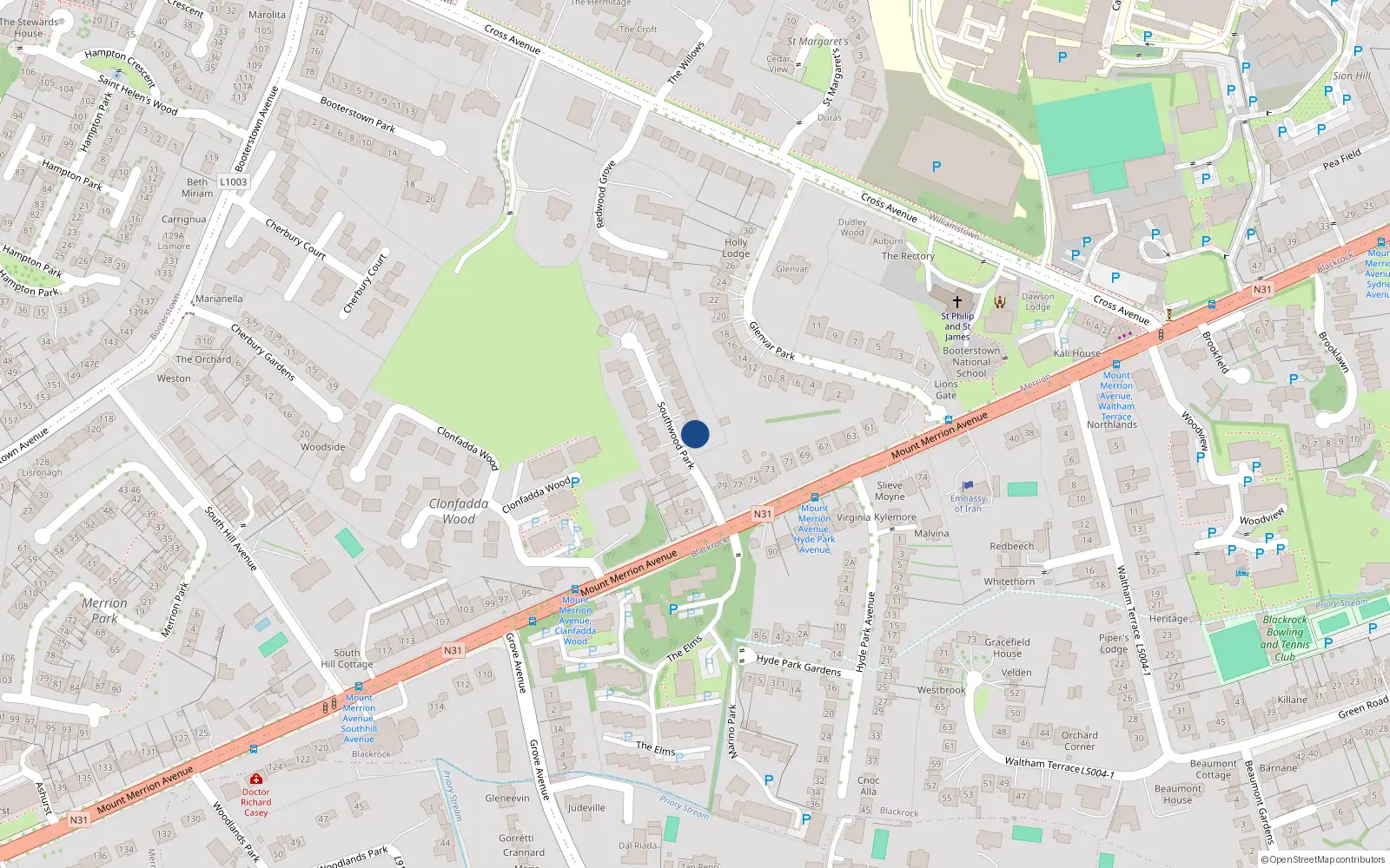 Overhead map showing the location of 16 Southwood Park, Blackrock, Dublin
