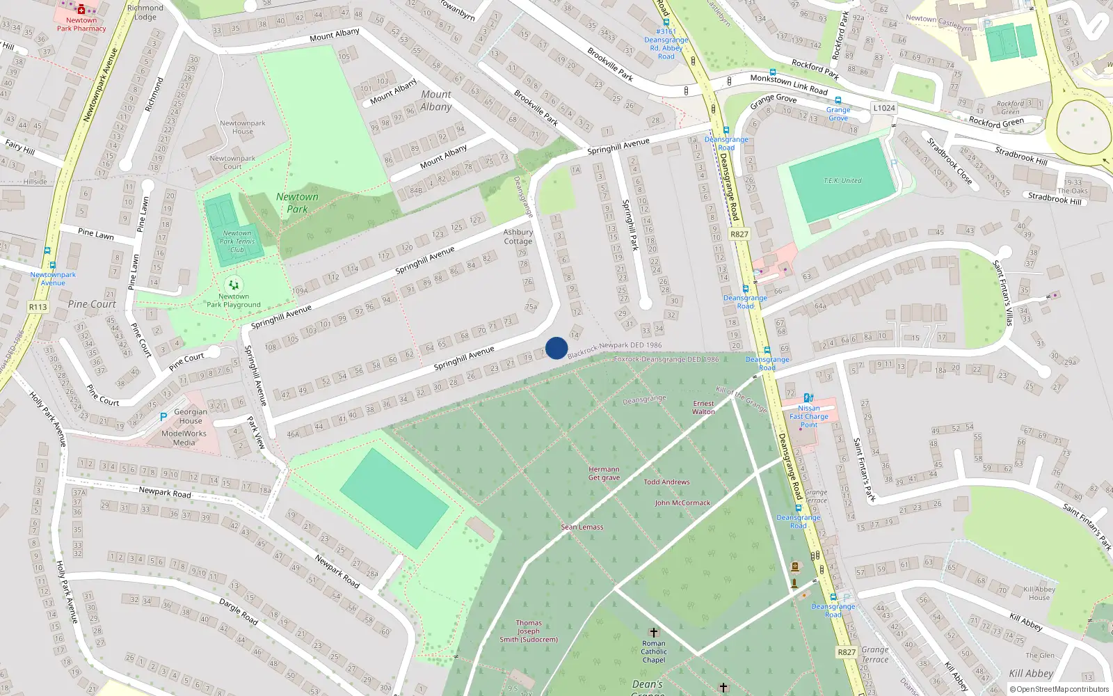 Overhead map showing the location of 16 Springhill Avenue, Blackrock, Dublin
