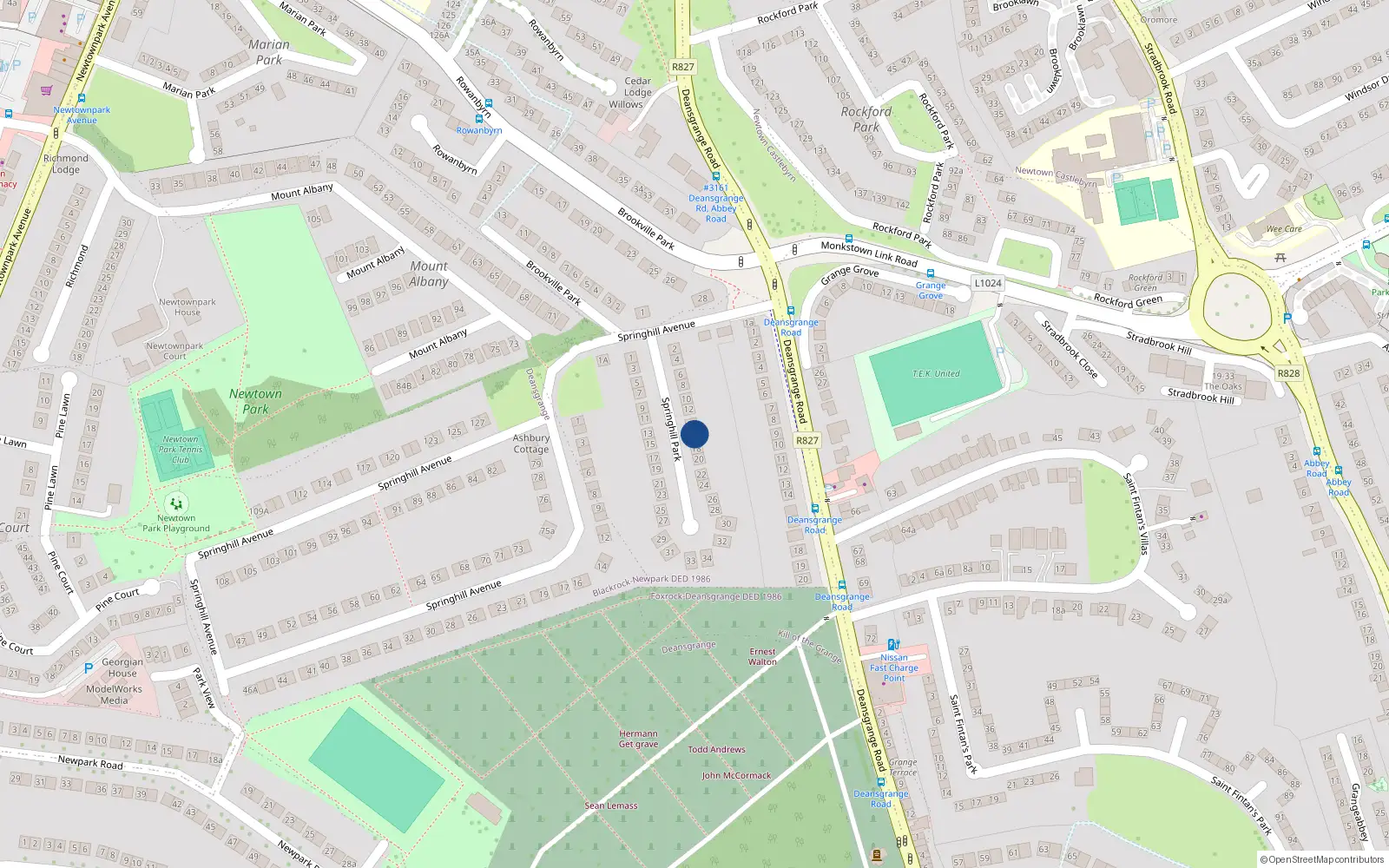Overhead map showing the location of 16 Springhill Park, Kill of the Grange