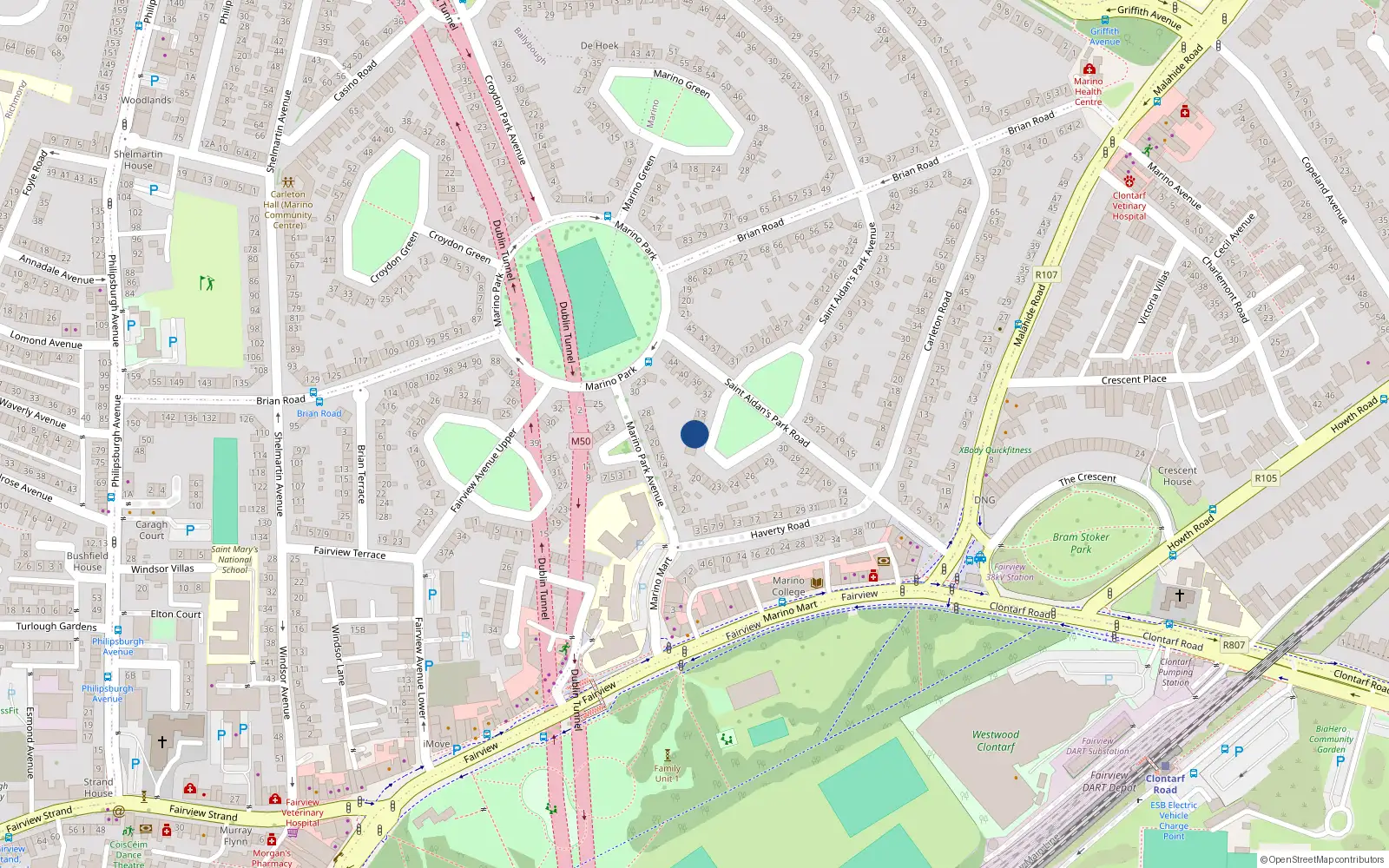 Overhead map showing the location of 16 St. Aidans Park, Marino