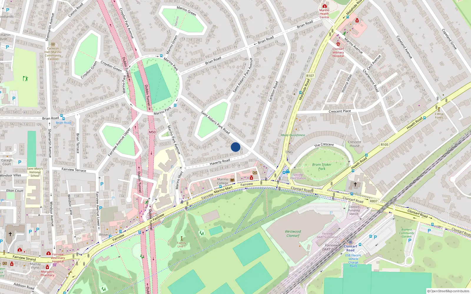 Overhead map showing the location of 16 St Aidans Park Road, Marino, Dublin 3