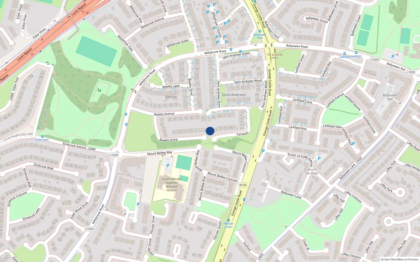 Overhead map showing the location of 16 St Andrews Fairway, The Fairways, Lucan