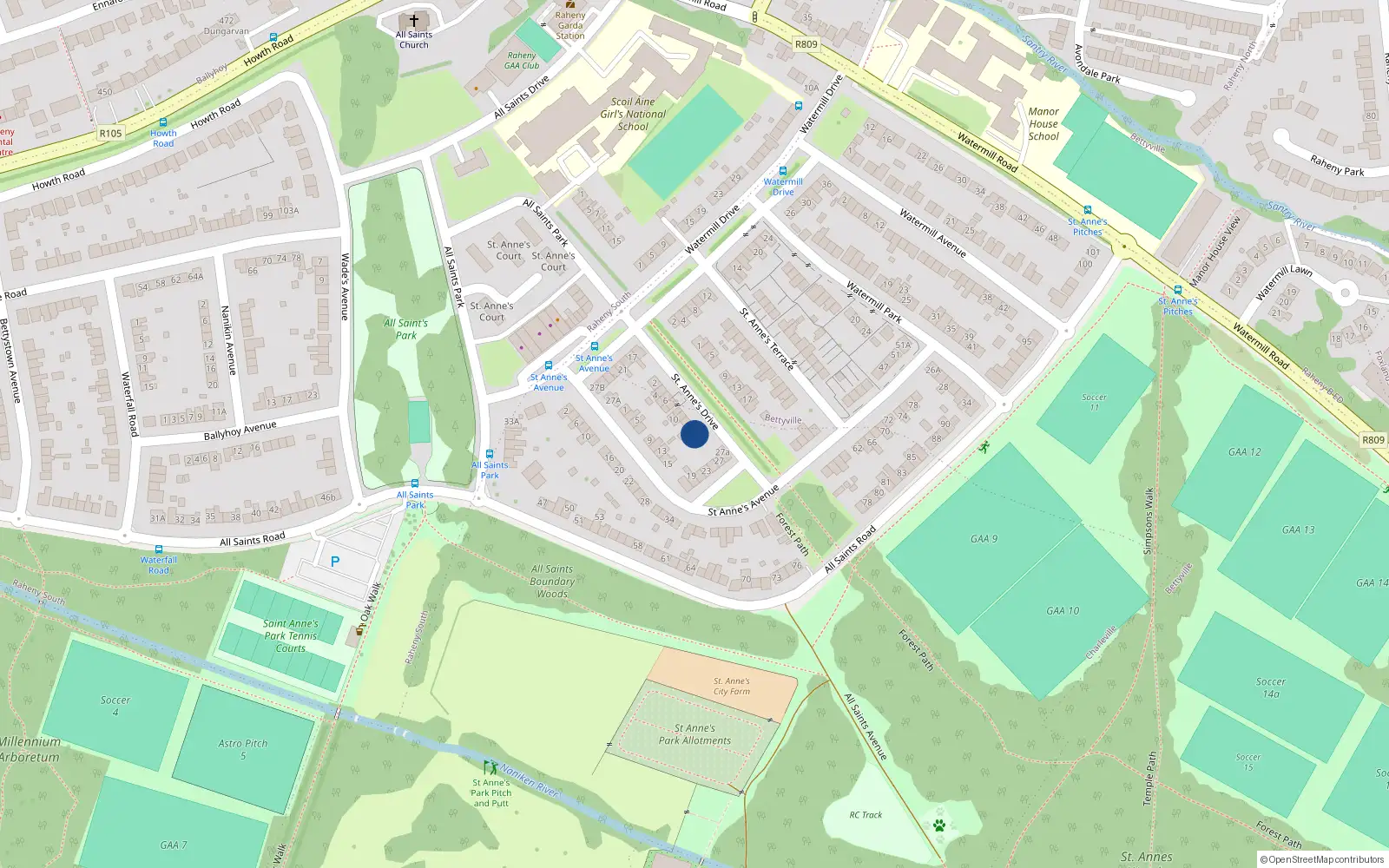 Overhead map showing the location of 16 Saint Anne's Drive, Dublin 5