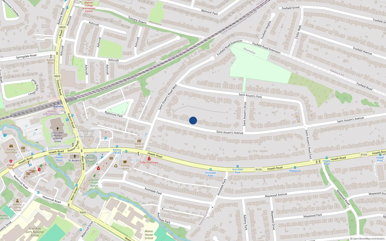 Overhead map showing the location of 16 St Assams Avenue, Raheny, Dublin 5