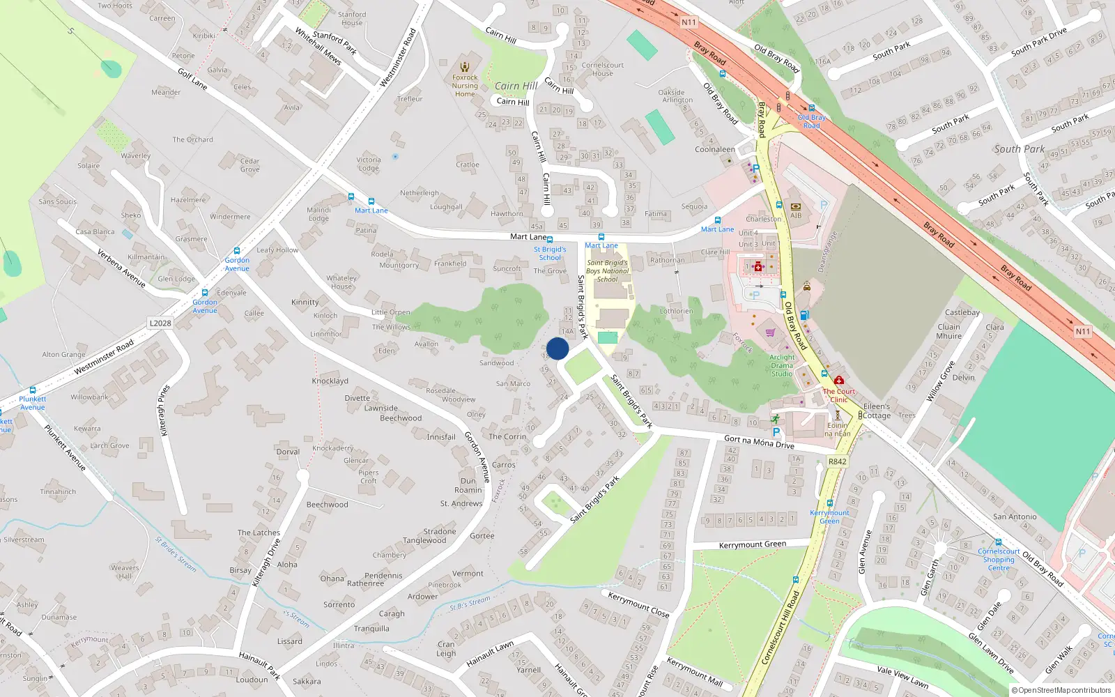 Overhead map showing the location of 16 St Brigids Park, Foxrock, Dublin