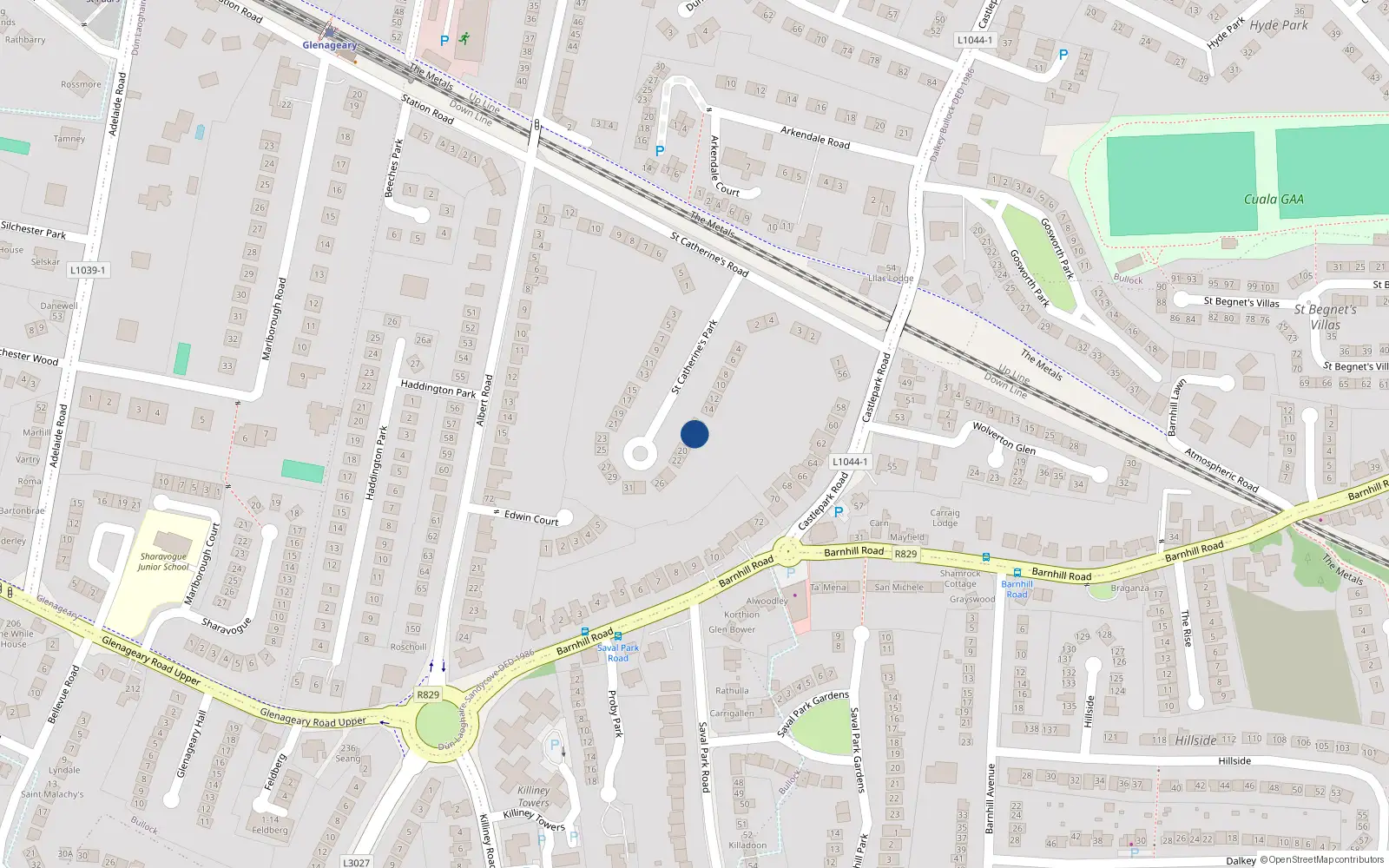 Overhead map showing the location of 16 St Catherines Park, Glenageary, Dublin