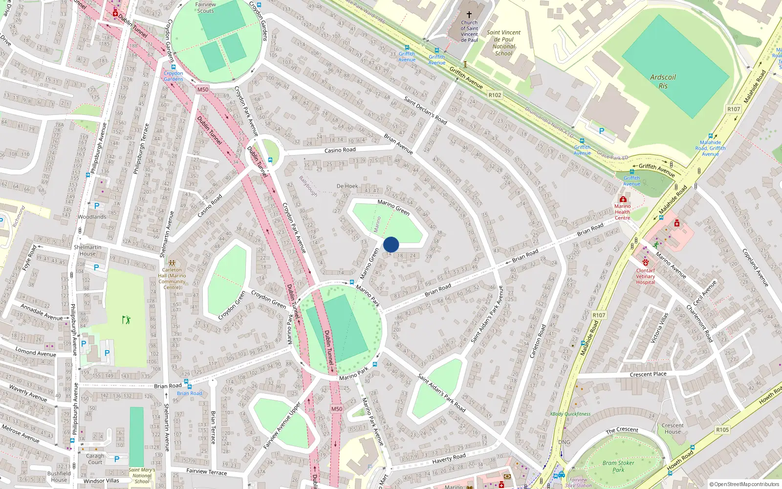 Overhead map showing the location of 16 St Delans Road, Marino Green, Dublin 3