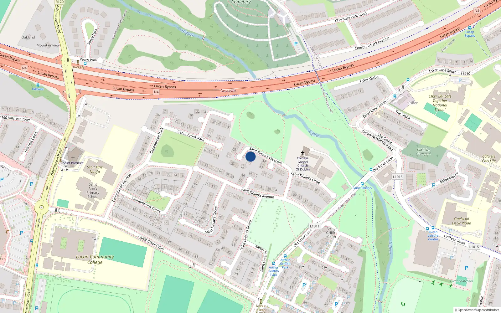 Overhead map showing the location of 16 St Finians Crescent, Lucan, Dublin