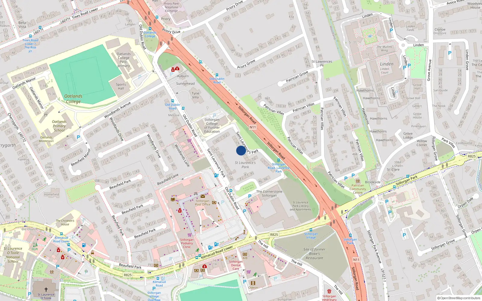 Overhead map showing the location of 16 St Laurences Park, Stillorgan, Dublin