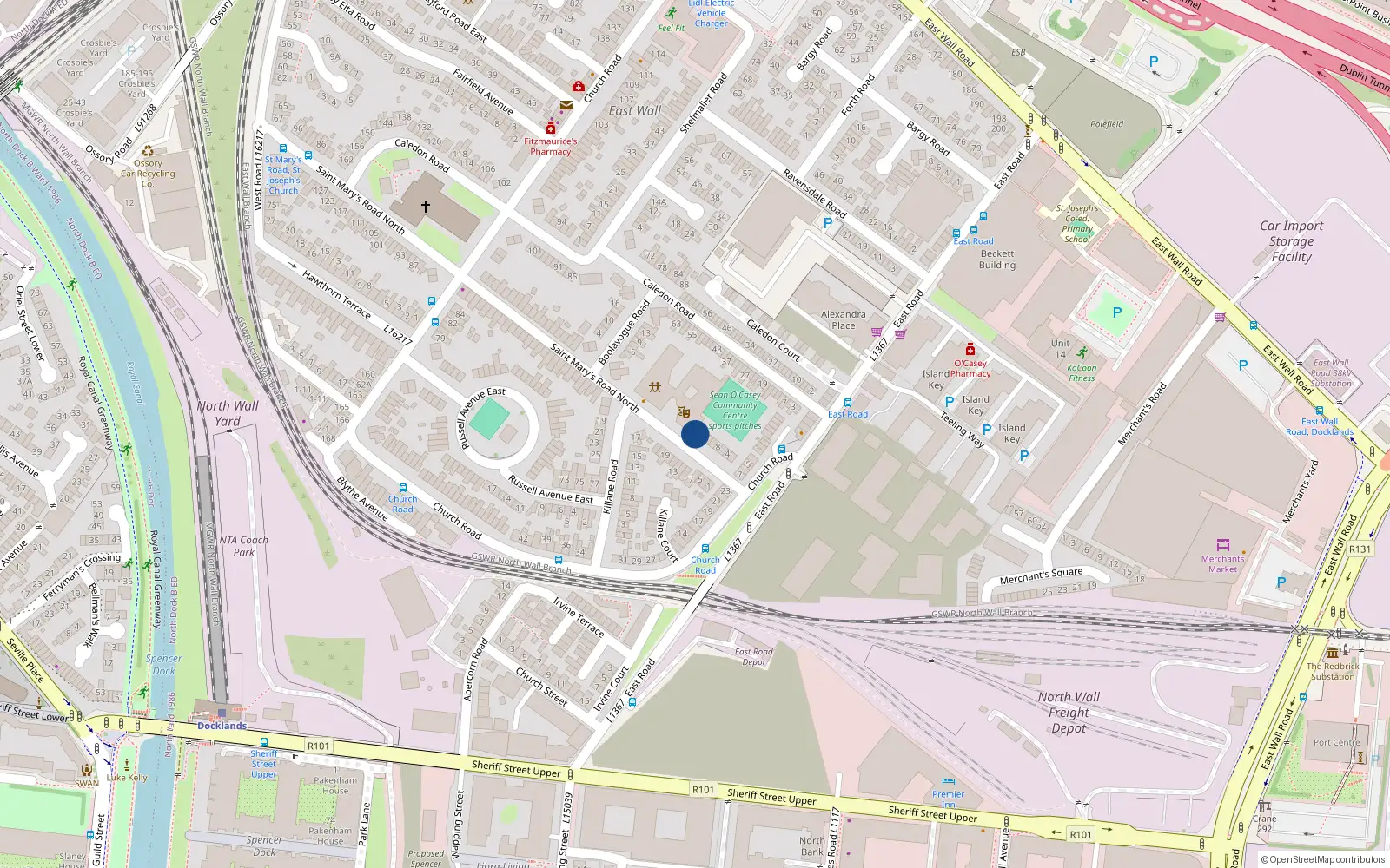 Overhead map showing the location of 16 St Marys Road, East Wall, Dublin 3