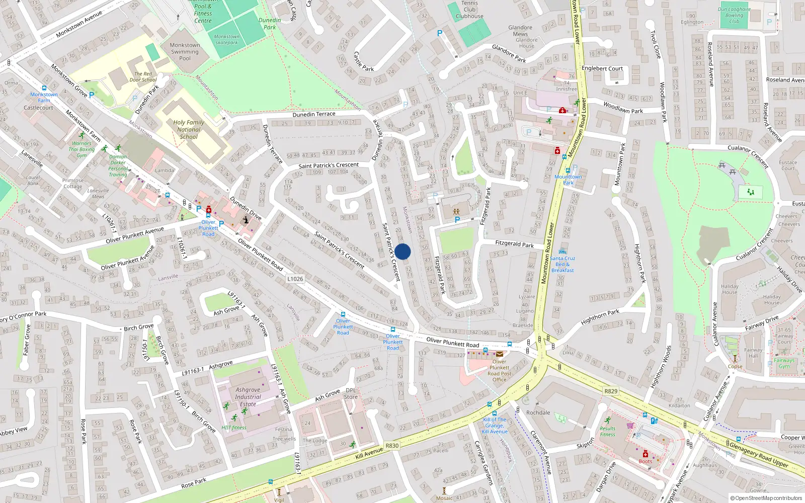 Overhead map showing the location of 16 St Patricks Crescent, Monkstown Farm, Dunlaoghaire