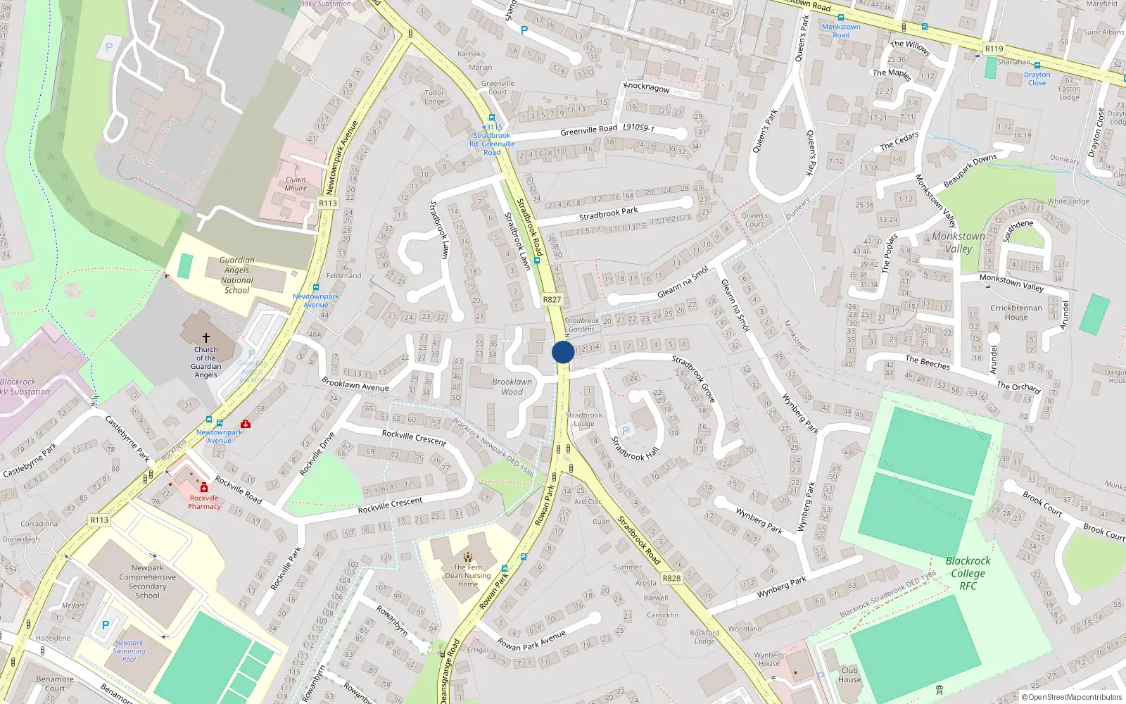 Overhead map showing the location of 16 Stradbrook Road, Dublin