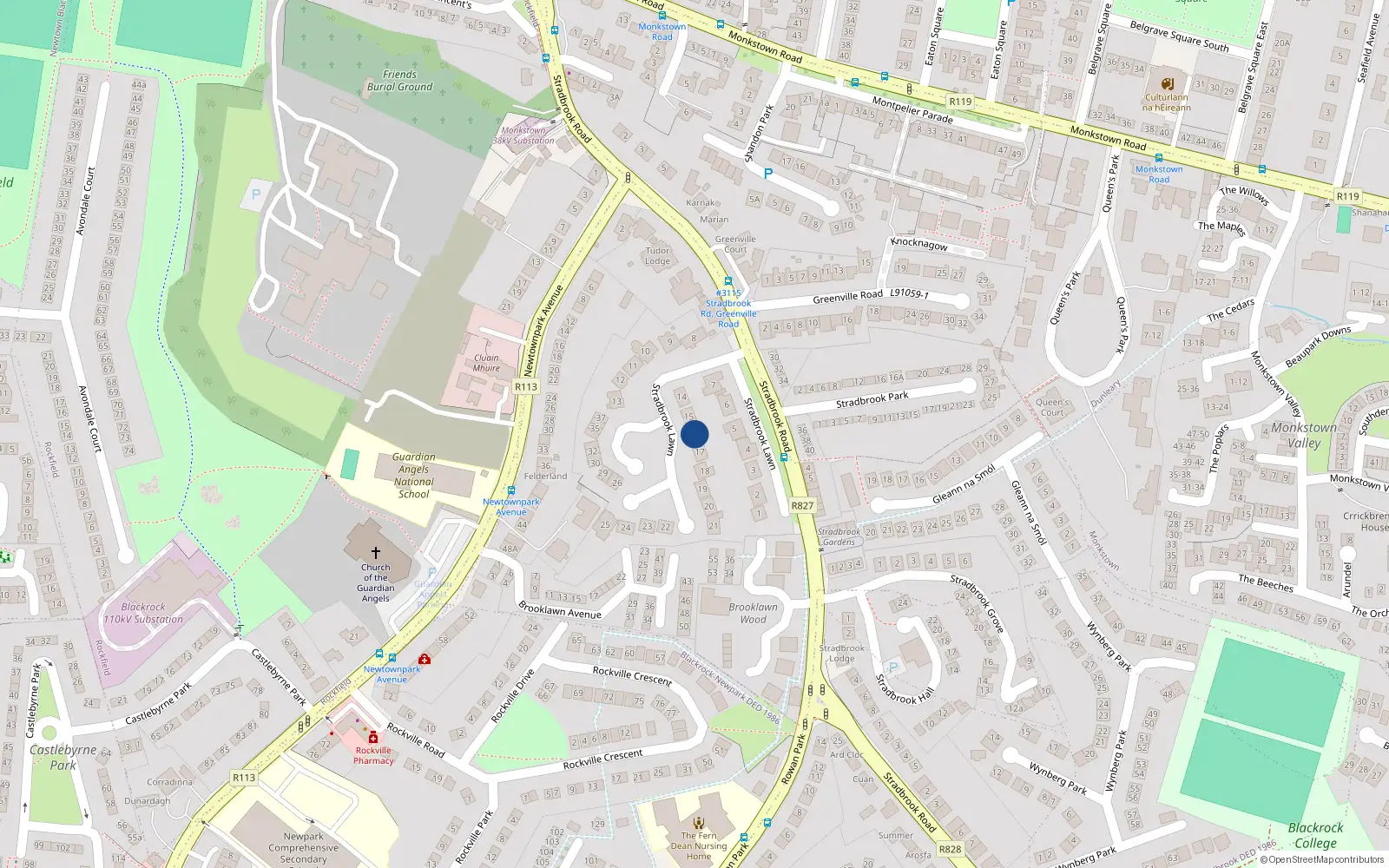 Overhead map showing the location of 16 Stradbrook Lawn, Blackrock