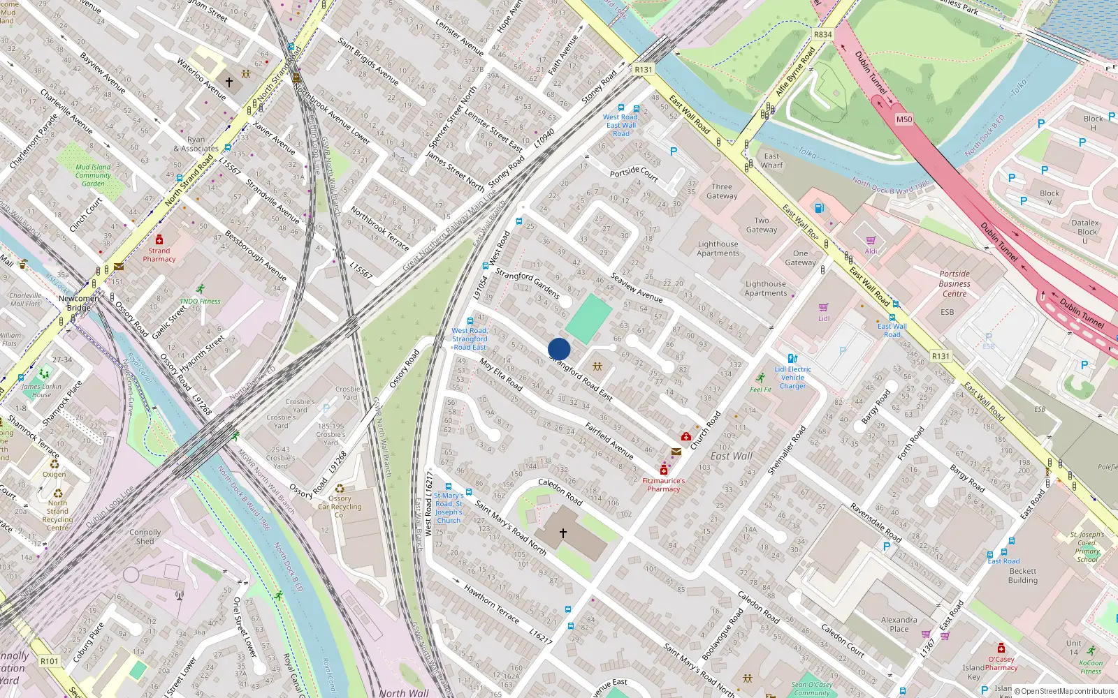 Overhead map showing the location of 16 Strangford Road, East Wall, Dublin 3