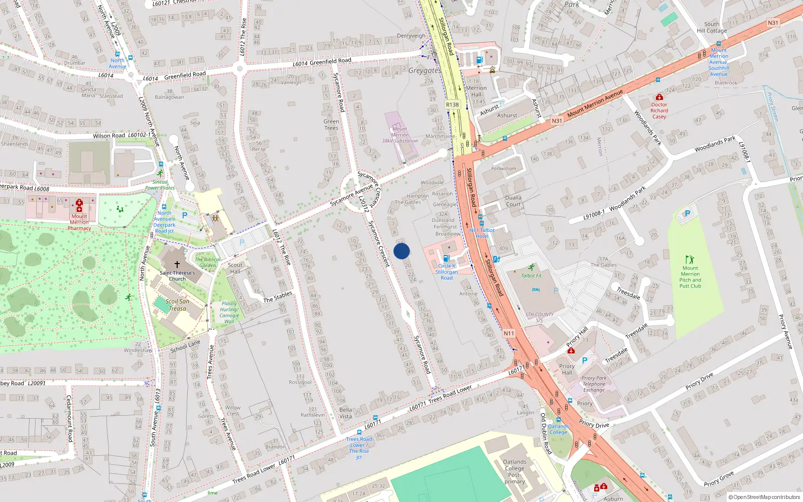 Overhead map showing the location of 16 Sycamore Road, Mount Merrion, Co Dublin