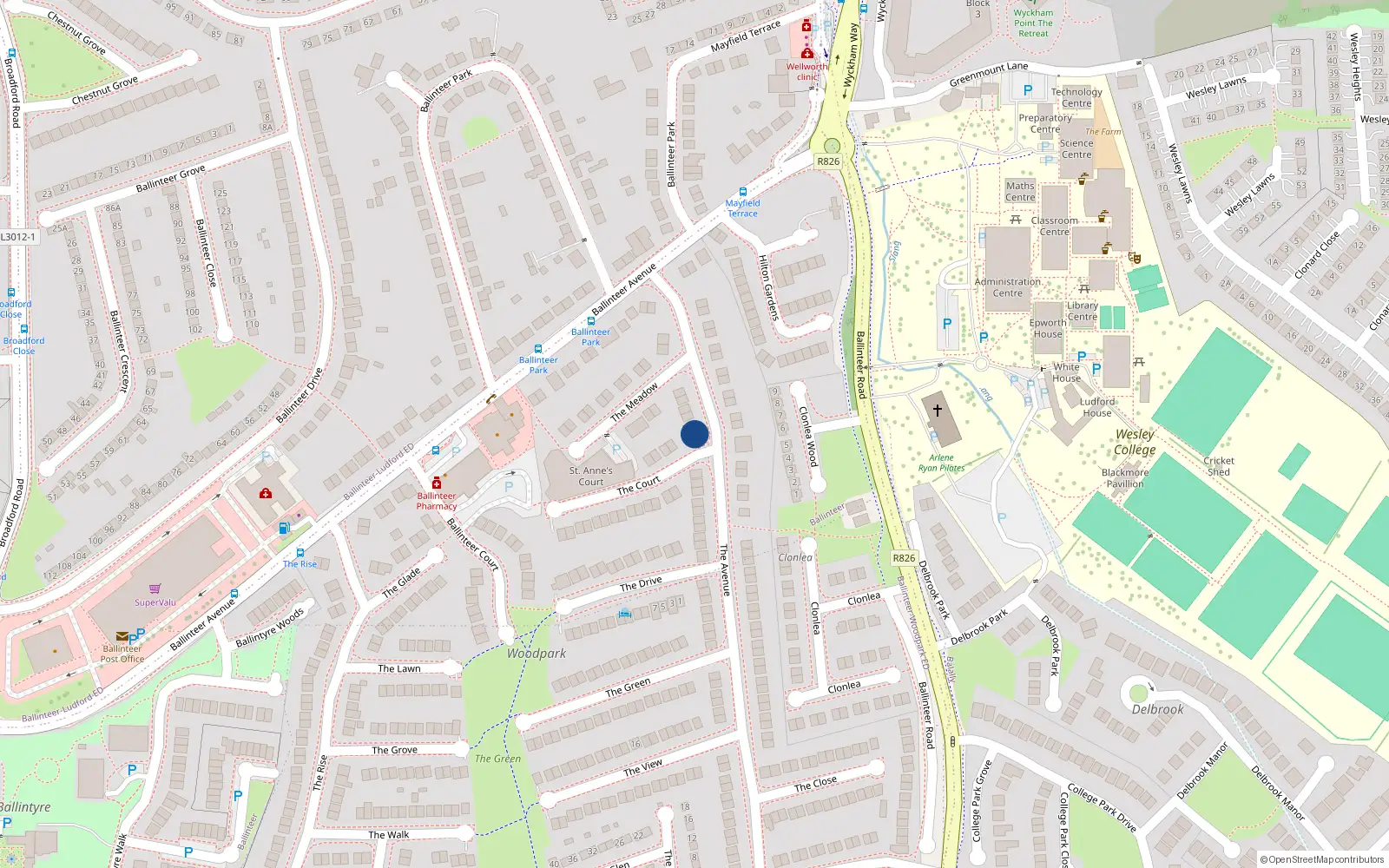 Overhead map showing the location of 16 The Avenue, Dublin 16