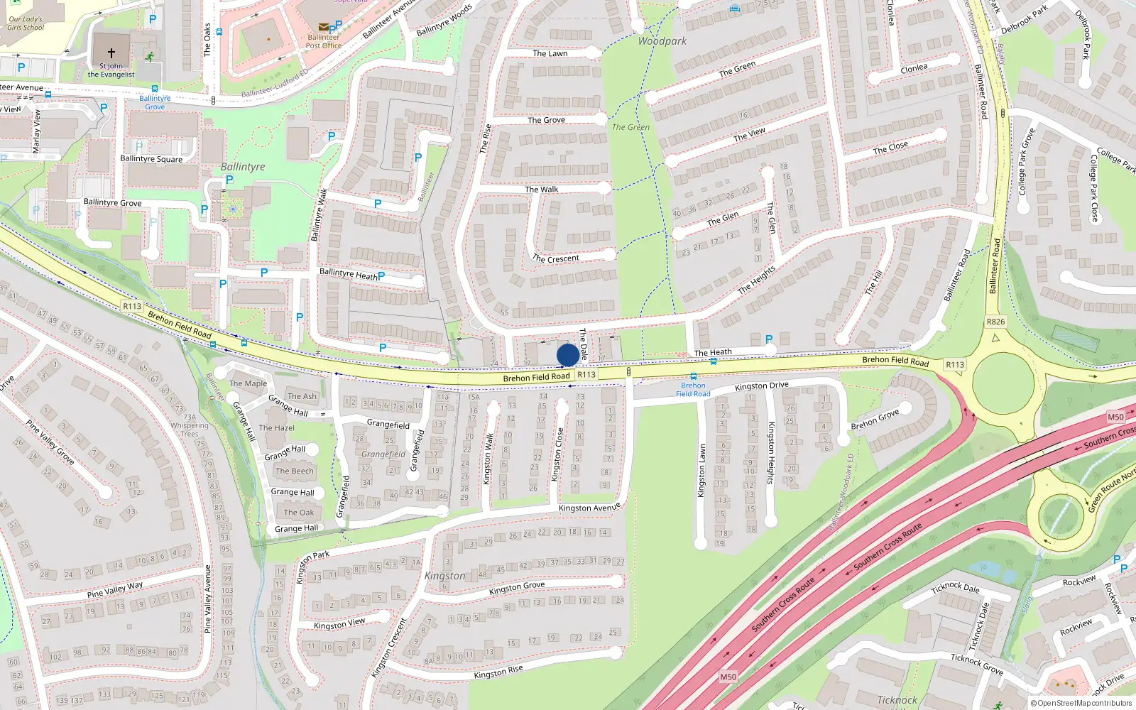 Overhead map showing the location of 16 The Dale, Ballinteer