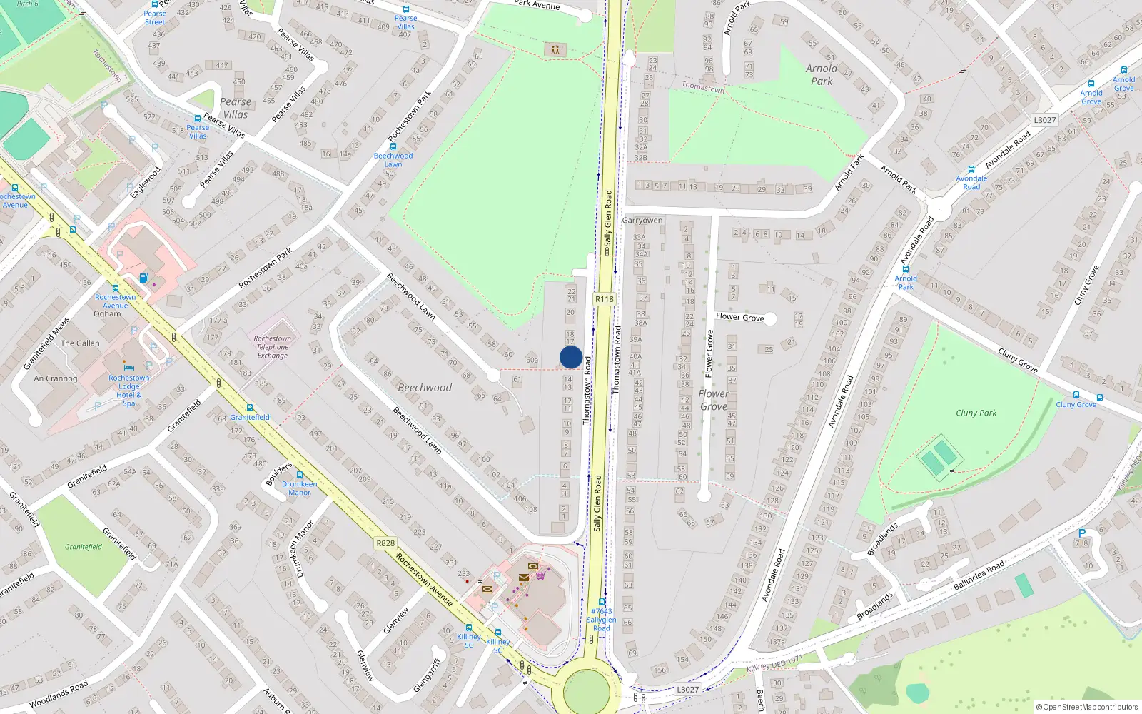 Overhead map showing the location of 16 Thomastown Road, Dublin