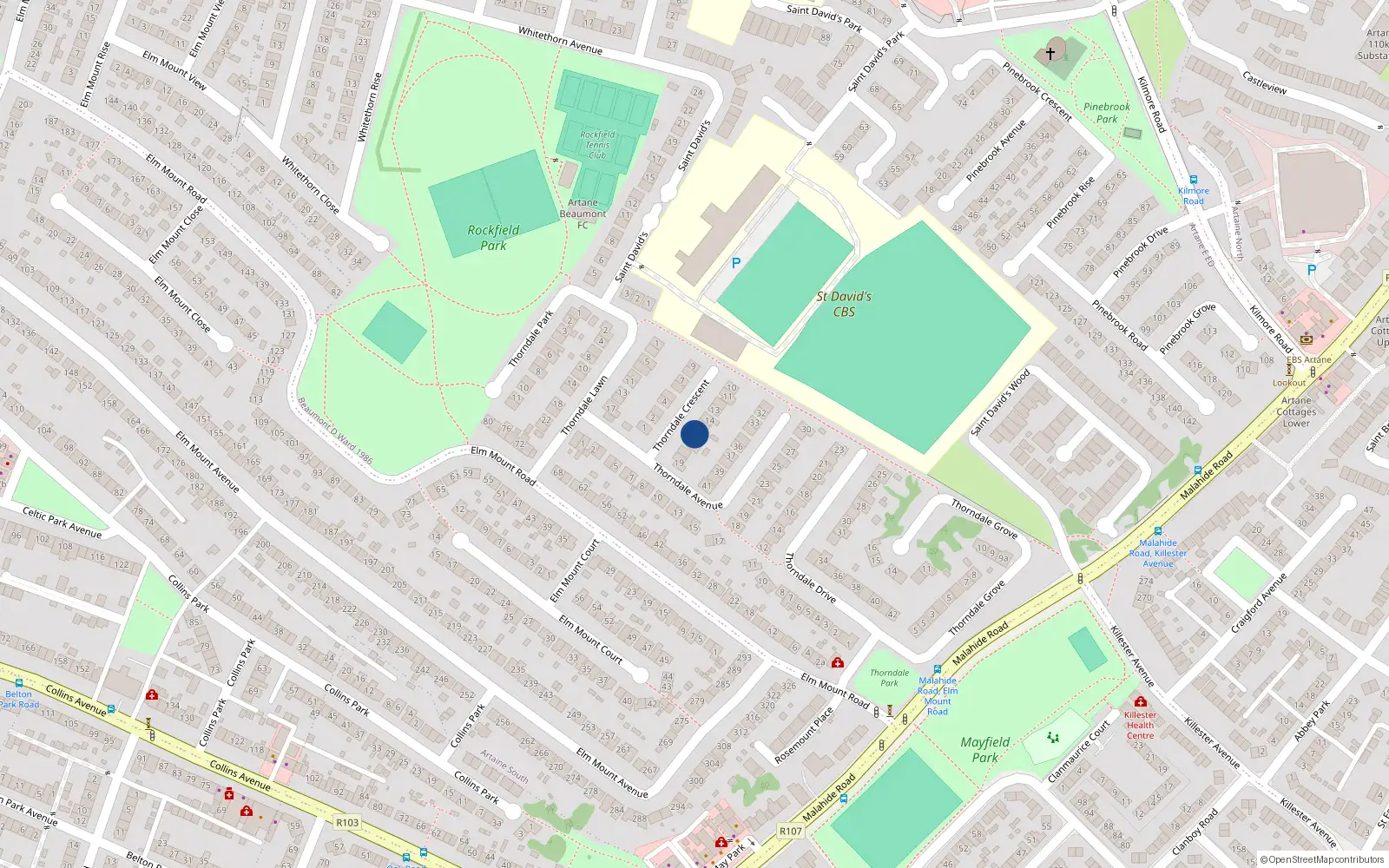 Overhead map showing the location of 16 Thorndale Crescent, Artane, Dublin 5