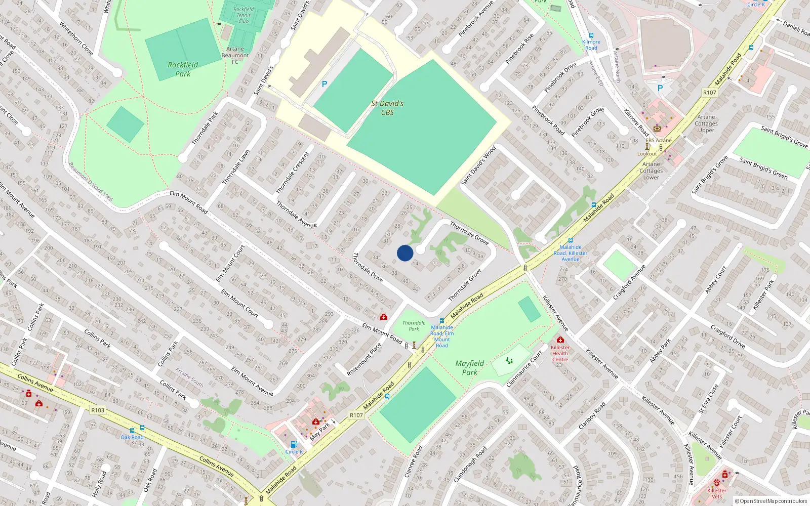 Overhead map showing the location of 16 Thorndale Grove, Artane, Dublin 5