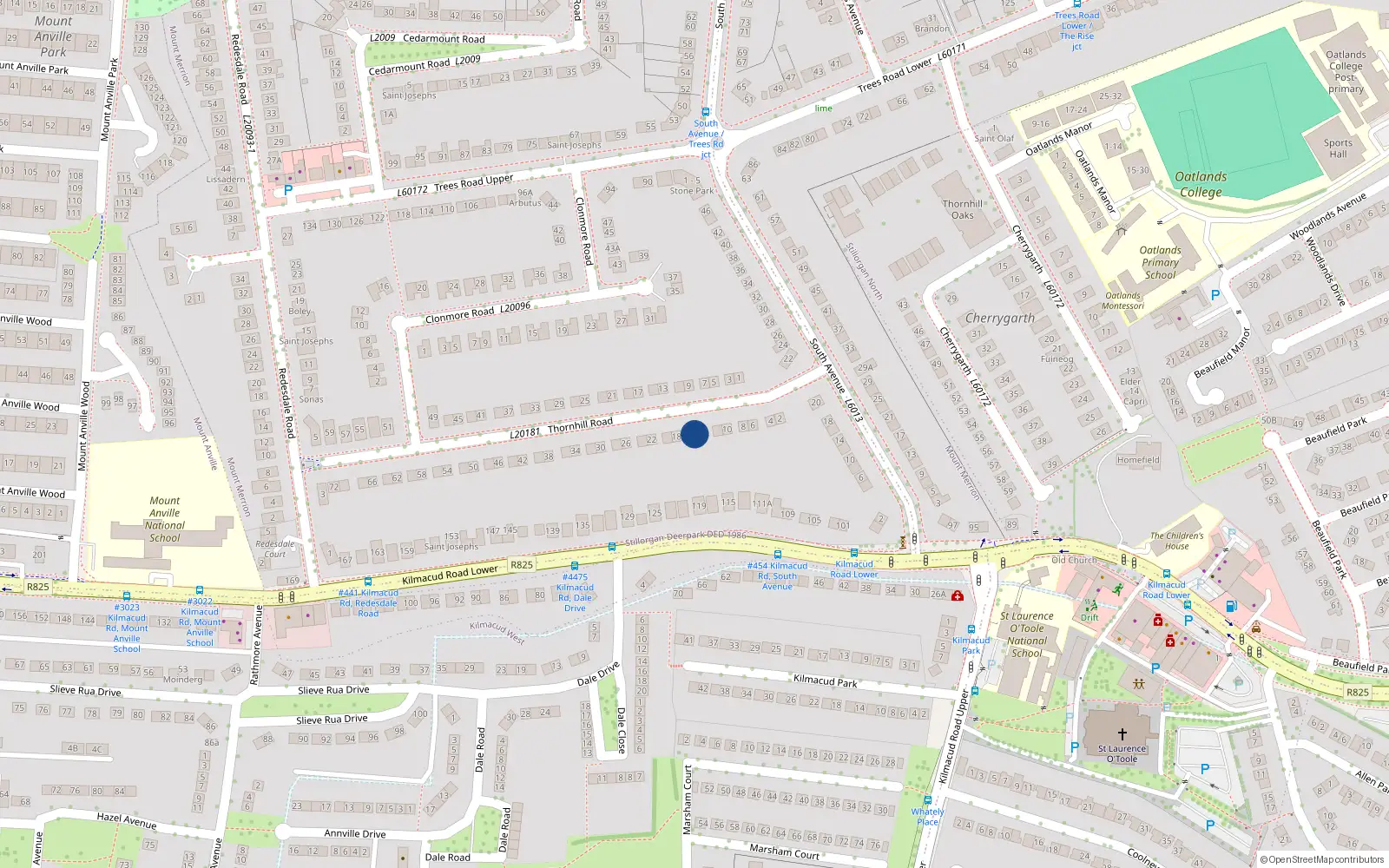 Overhead map showing the location of 16 Thornhill Road, Blackrock