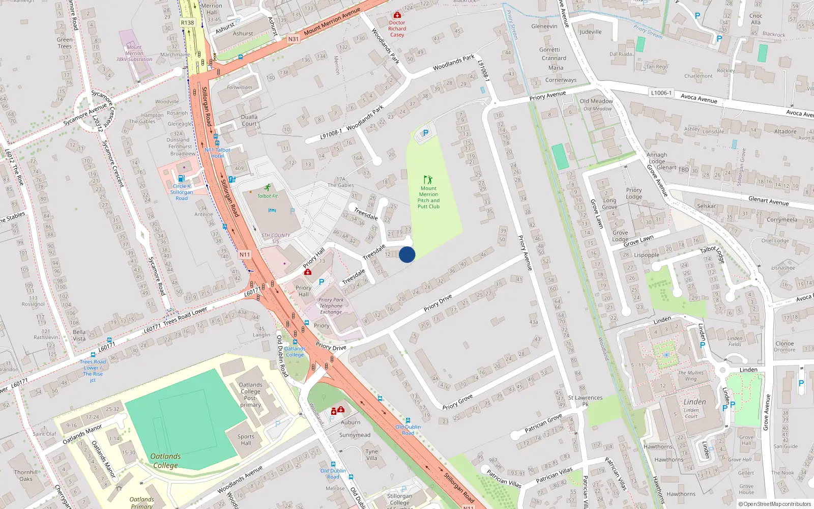 Overhead map showing the location of 16 Treesdale, Stillorgan, Dublin