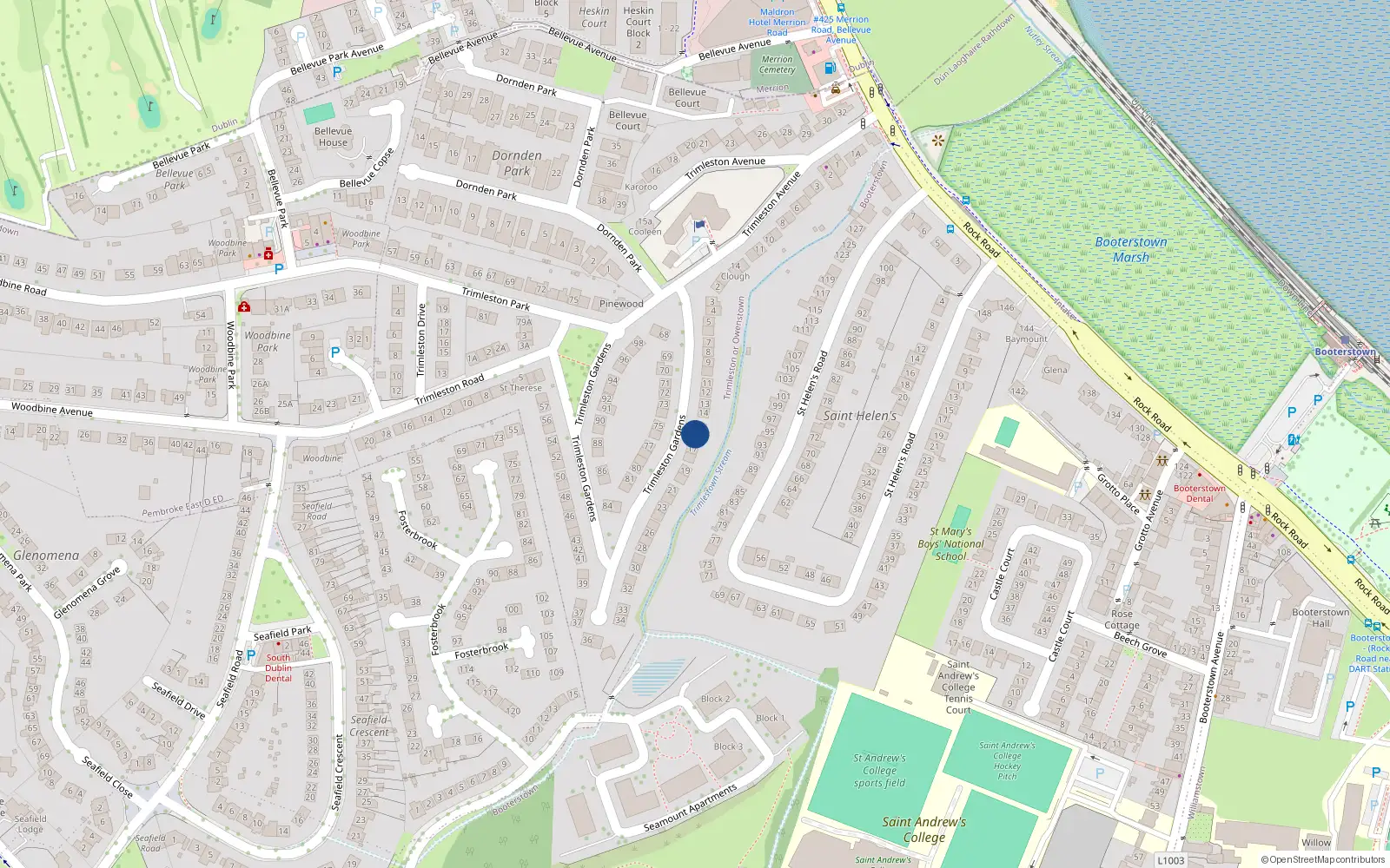 Overhead map showing the location of 16 Trimleston Gardens, Booterstown, Blackrock
