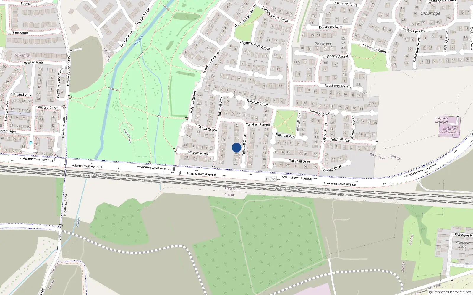 Overhead map showing the location of 16 Tullyhall Close, Lucan