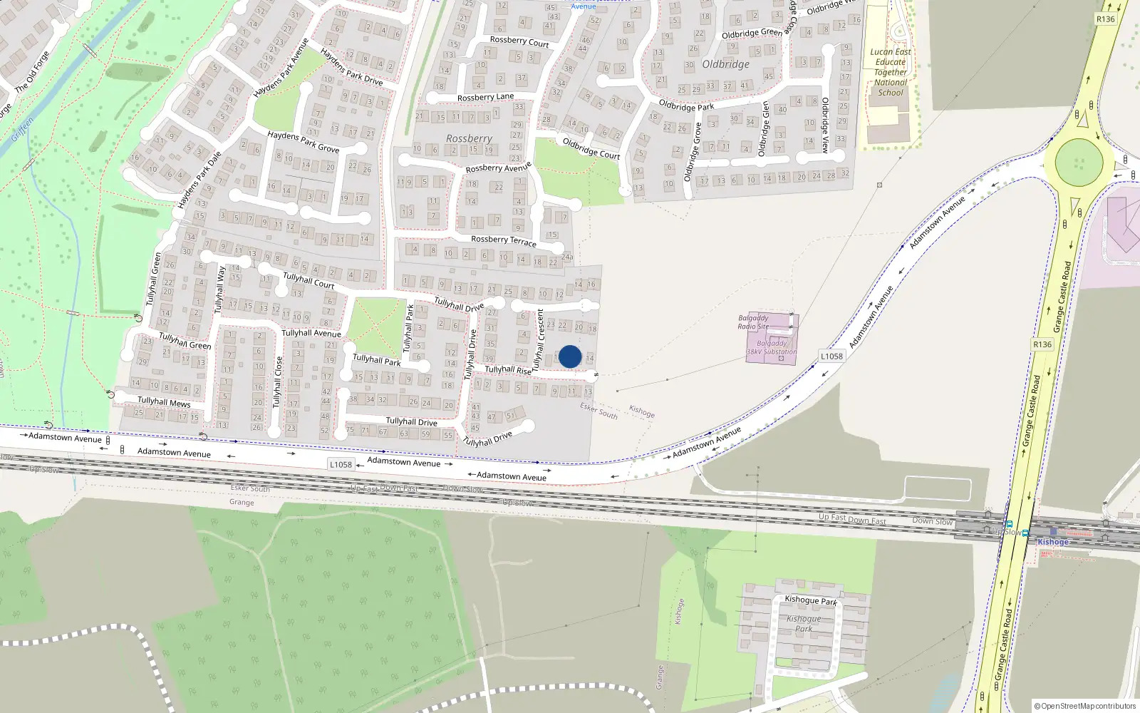 Overhead map showing the location of 16 Tullyhall Rise, Lucan, Dublin