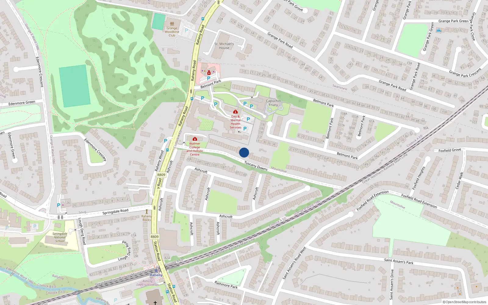 Overhead map showing the location of 16 Tuscany Downs, Dublin 5