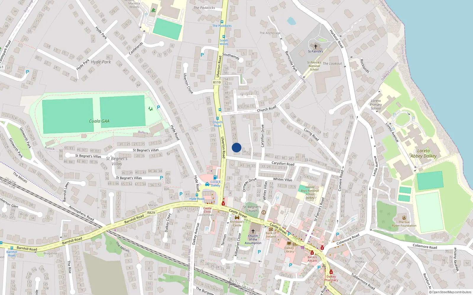 Overhead map showing the location of 16 Ulverton Road, Dalkey