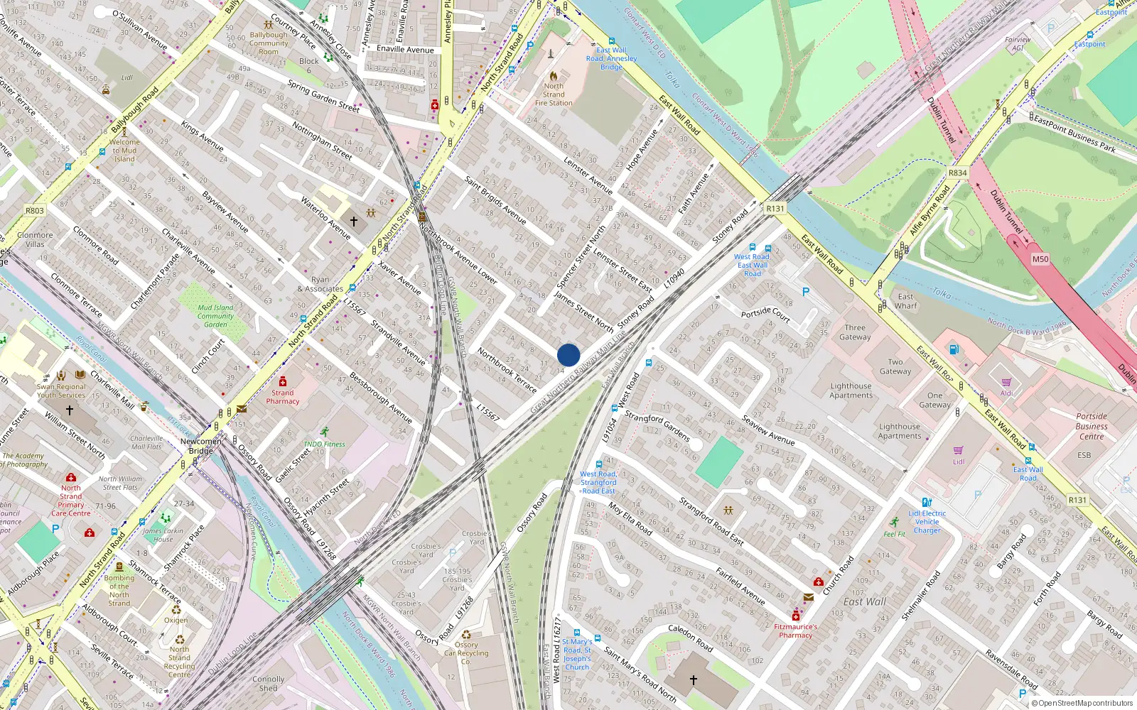 Overhead map showing the location of 16 Upper Nortbrook Avenue, North Strand, Dublin 3