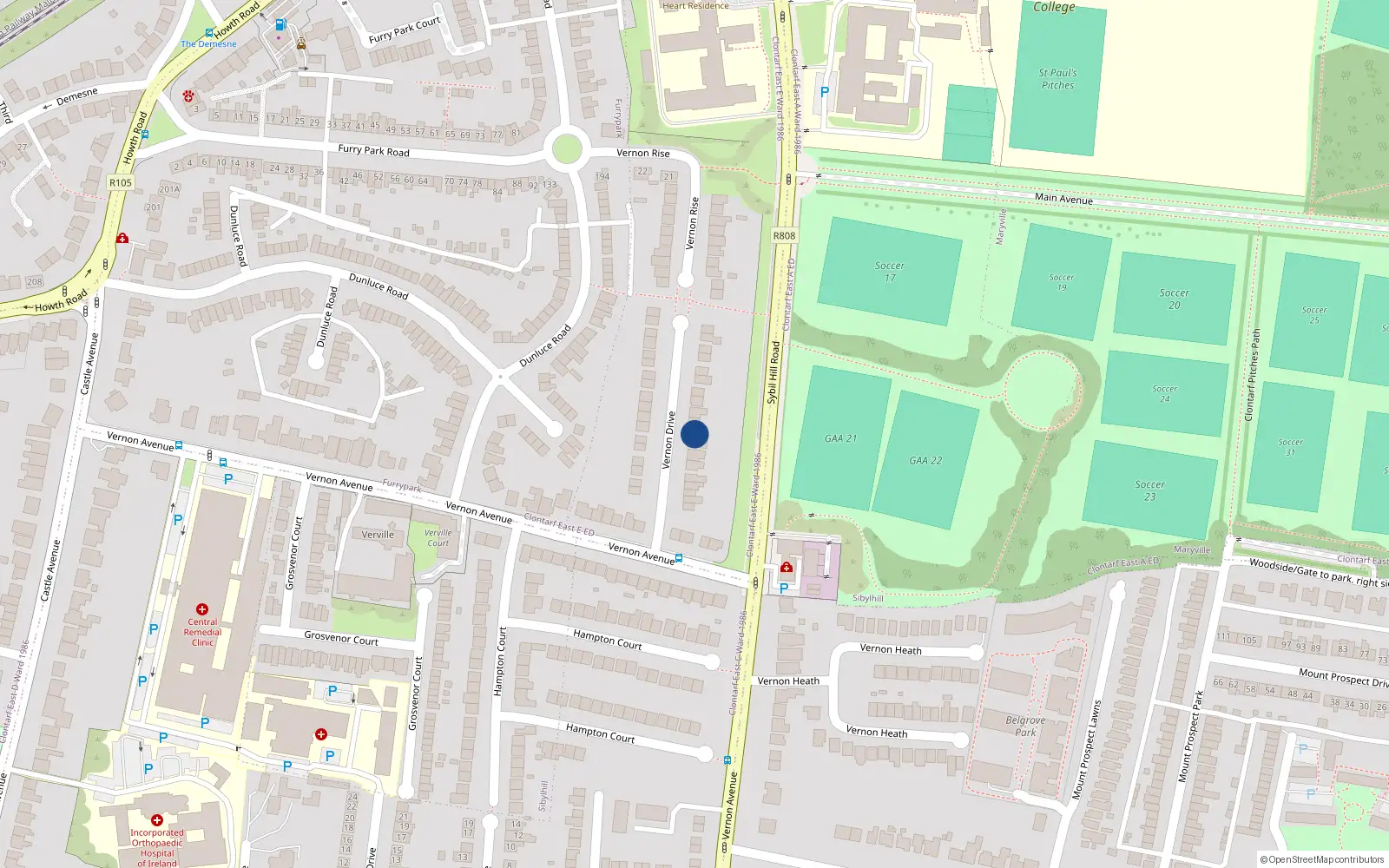 Overhead map showing the location of 16 Vernon Drive, Dublin 3