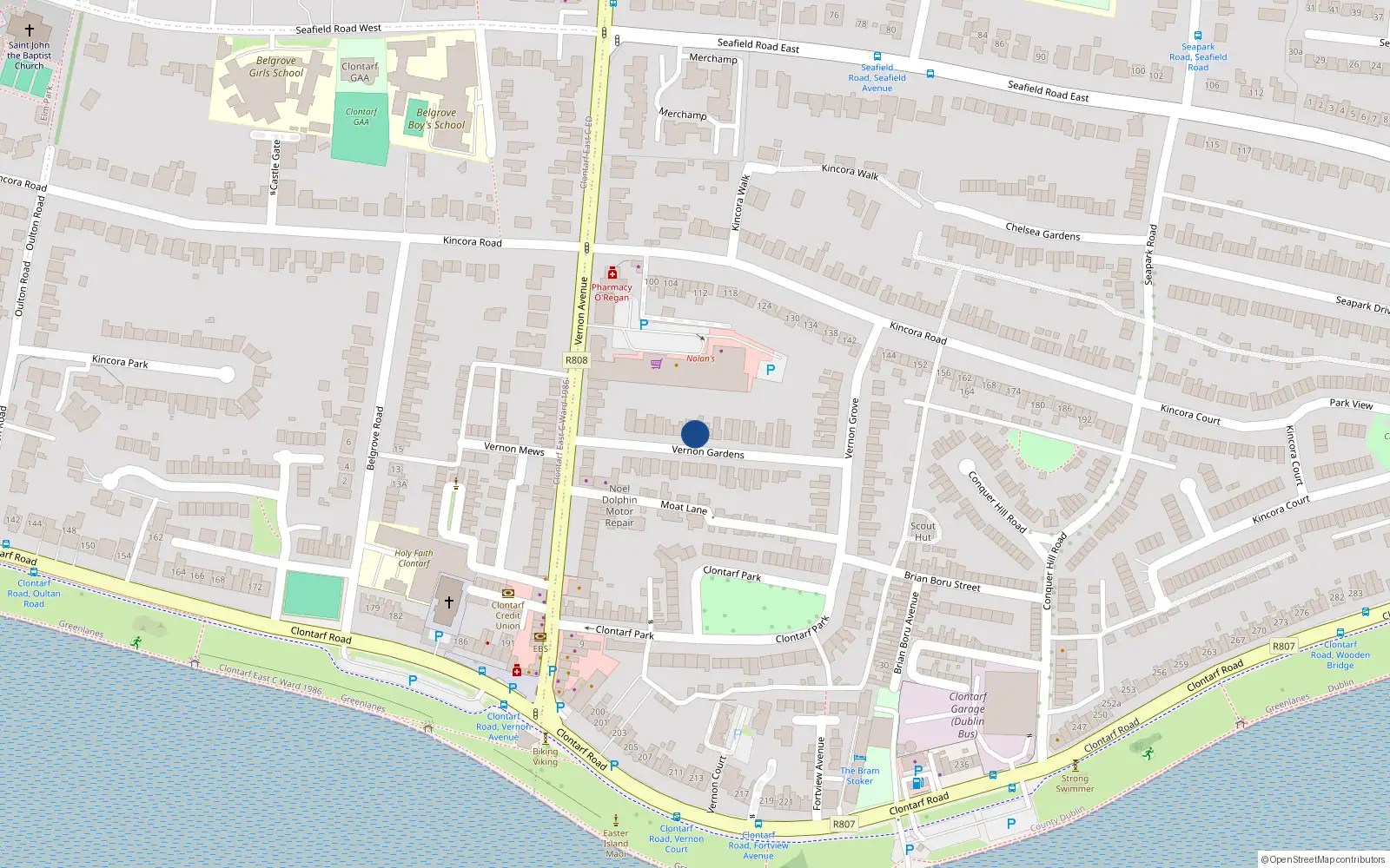 Overhead map showing the location of 16 Vernon Gardens, Clontarf, Dublin 3