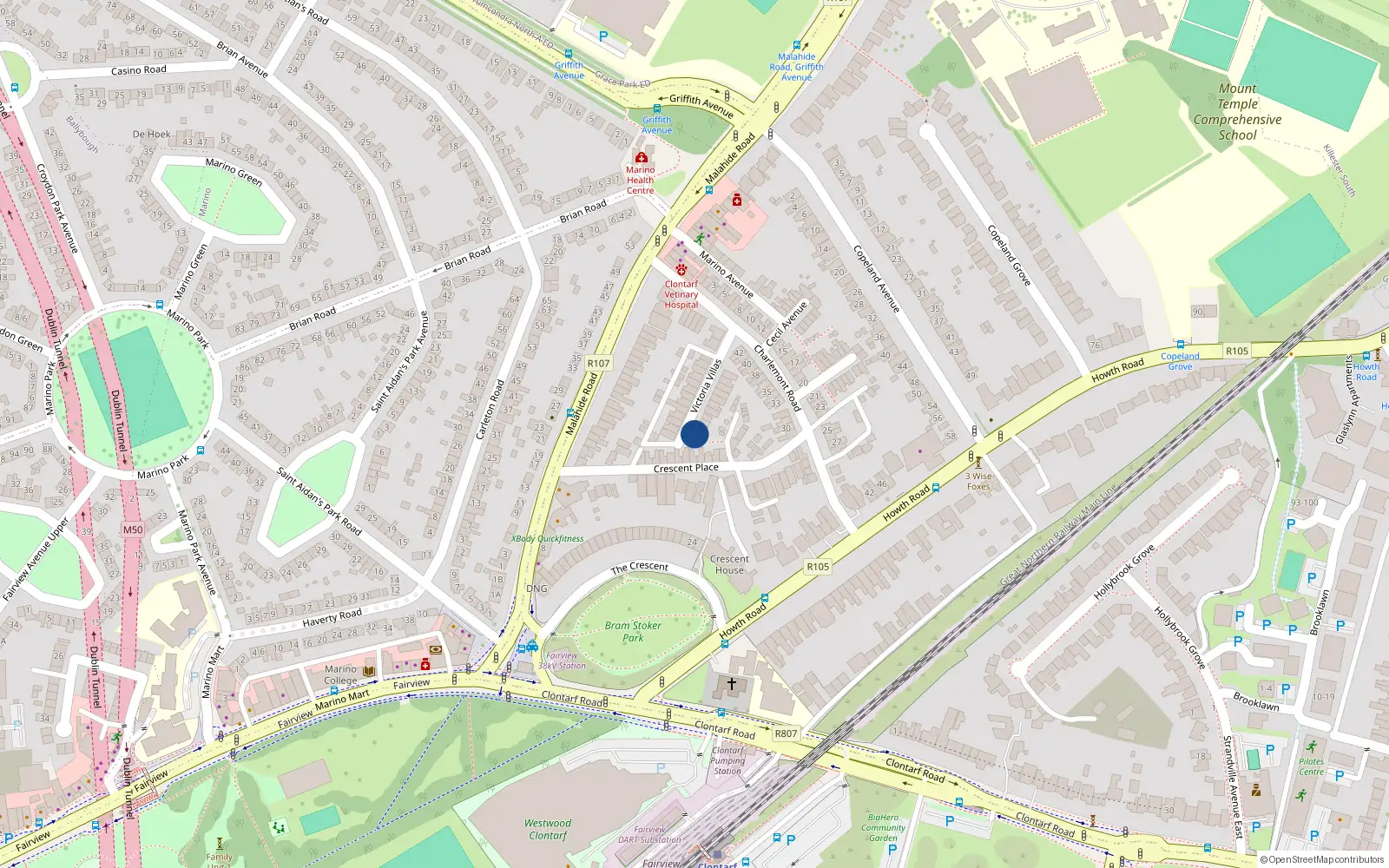 Overhead map showing the location of 16 Victoria Villas, Dublin 3