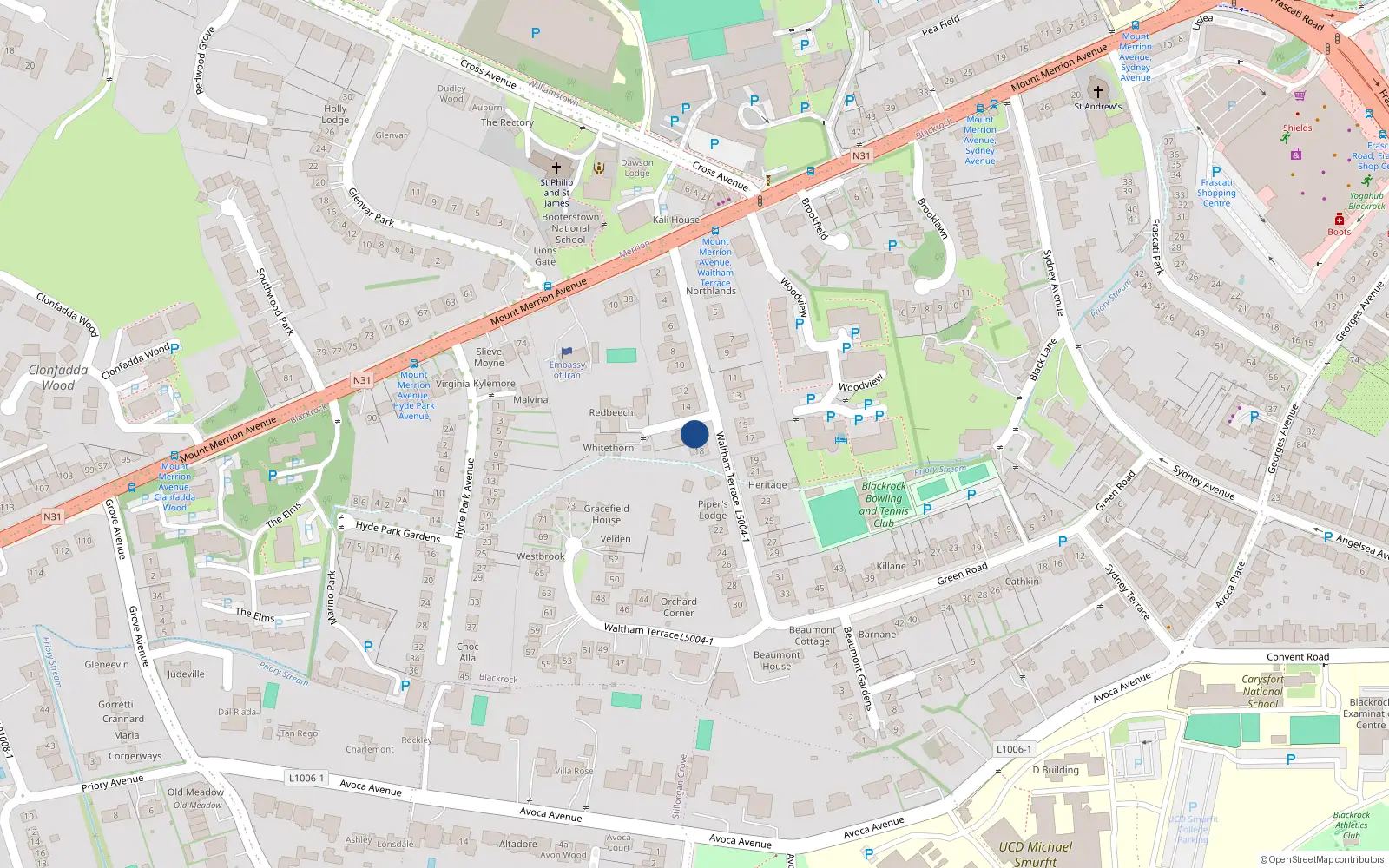 Overhead map showing the location of 16 Waltham Terrace, Blackrock