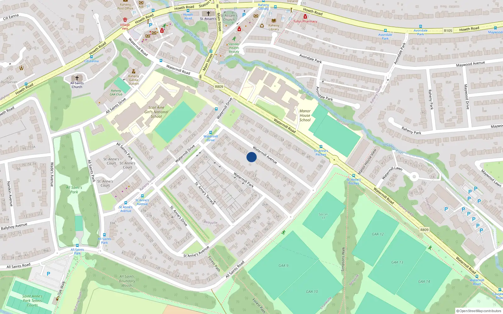Overhead map showing the location of 16 Watermill Avenue, Dublin 5
