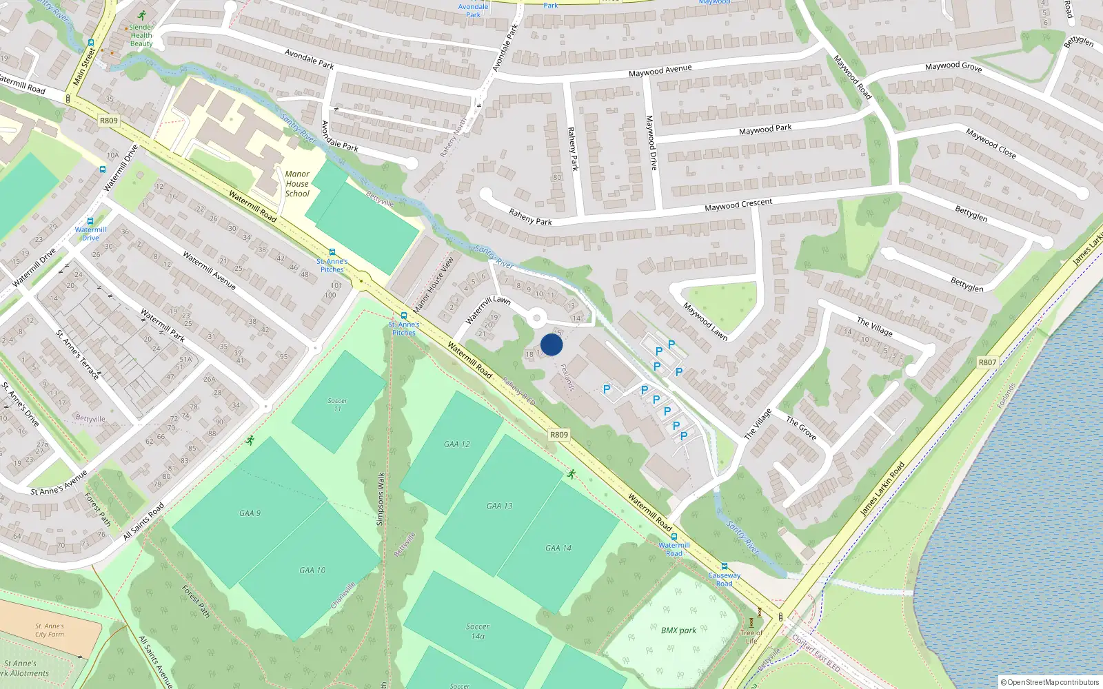 Overhead map showing the location of 16 Watermill Lawn, Dublin 5