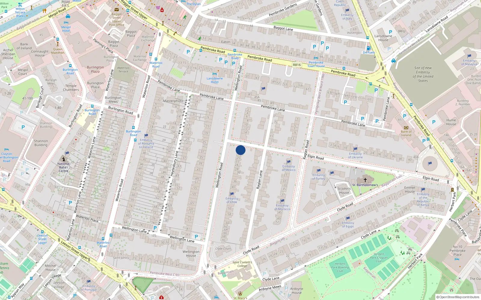 Overhead map showing the location of 16 Wellington Road, Dublin 4