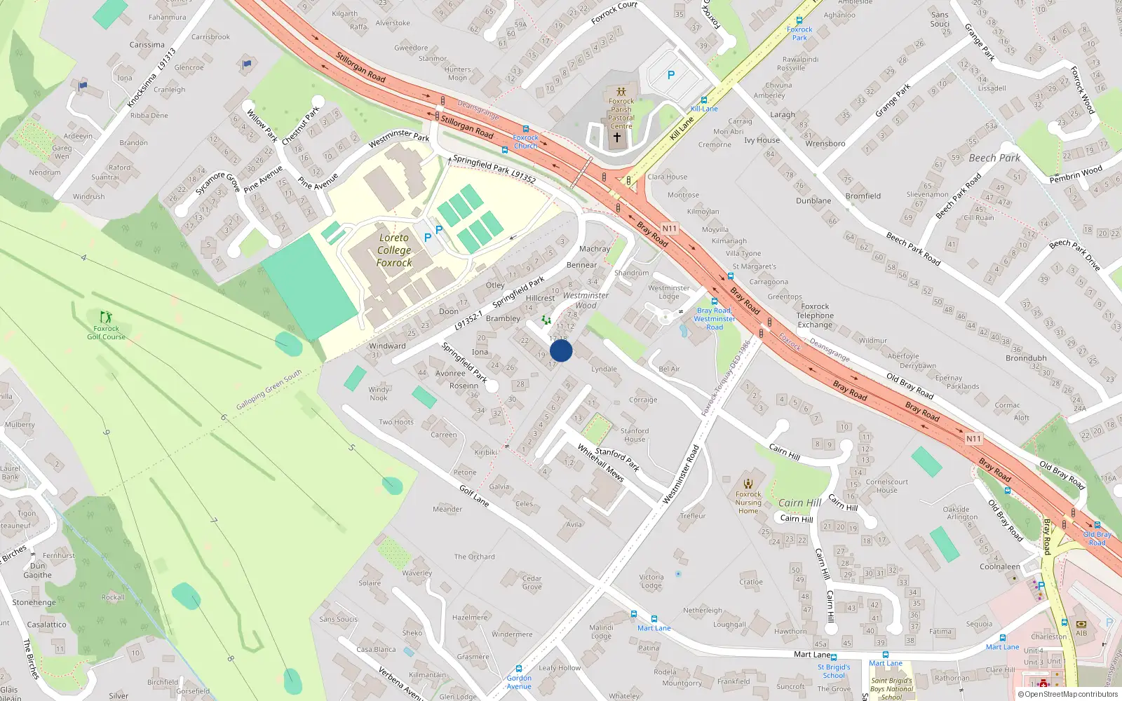 Overhead map showing the location of 16 Westminister Wood, Foxrock