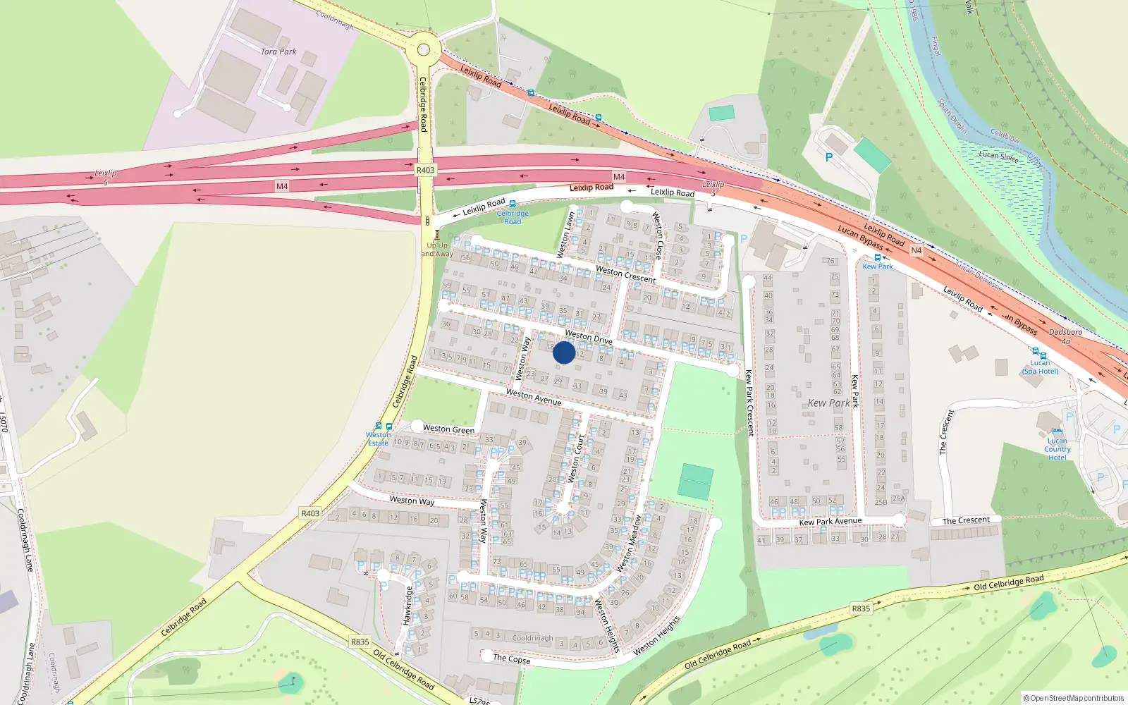 Overhead map showing the location of 16 Weston Drive, Lucan