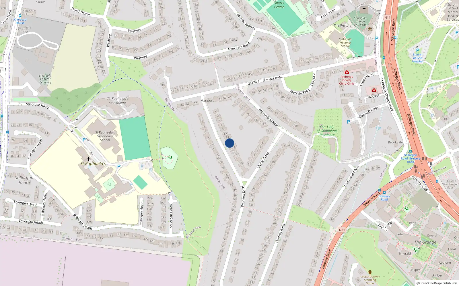 Overhead map showing the location of 16 Wierview Drive, Stillorgan, Dublin