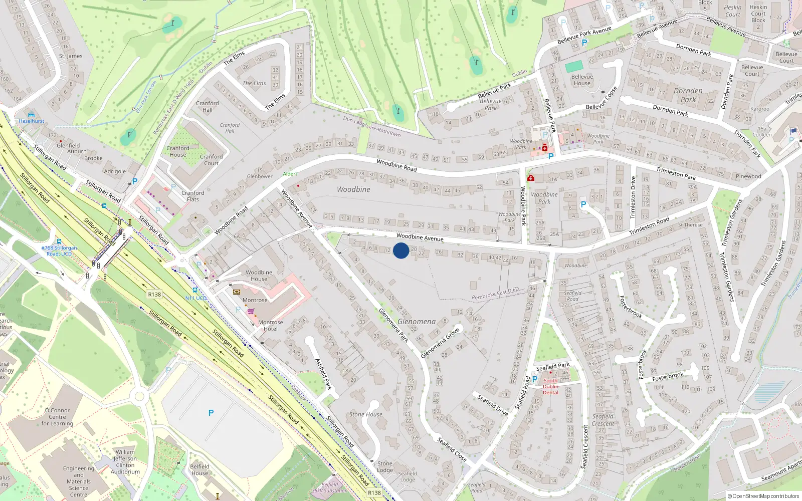 Overhead map showing the location of 16 Woodbine Avenue, Dublin