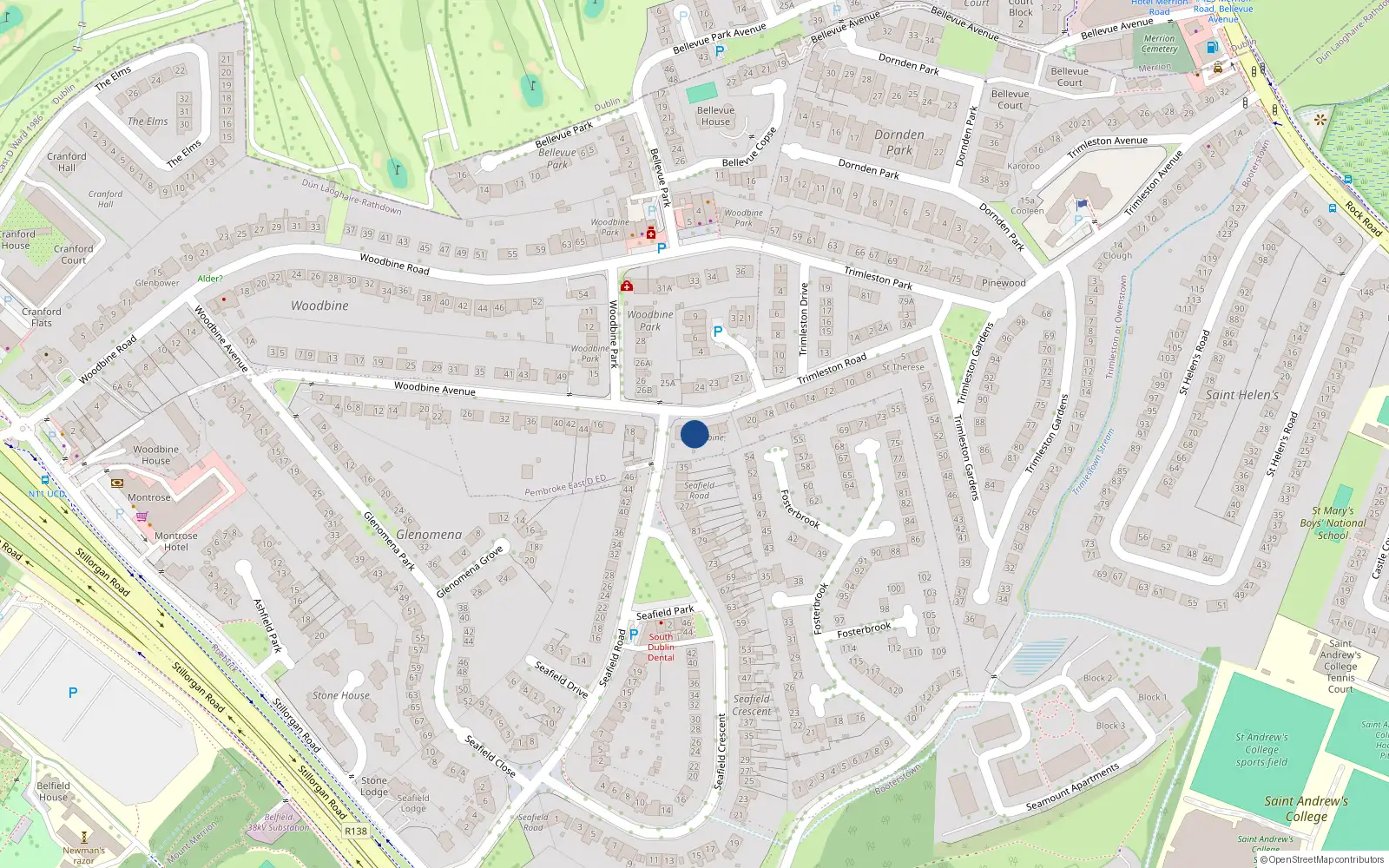 Overhead map showing the location of 16 Woodbine Park, Blackrock