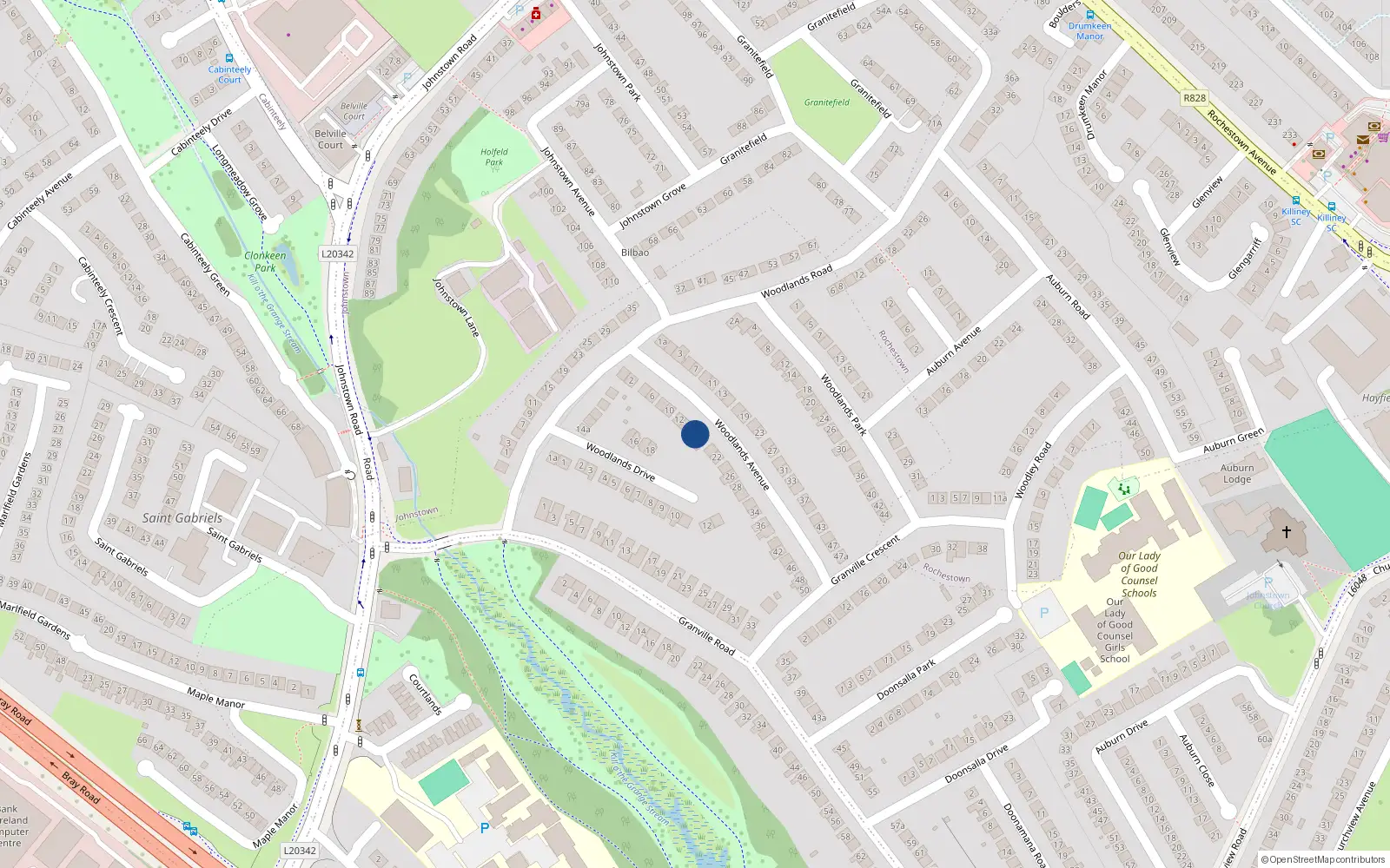 Overhead map showing the location of 16 Woodlands Avenue, Dun Laoghaire, Dublin