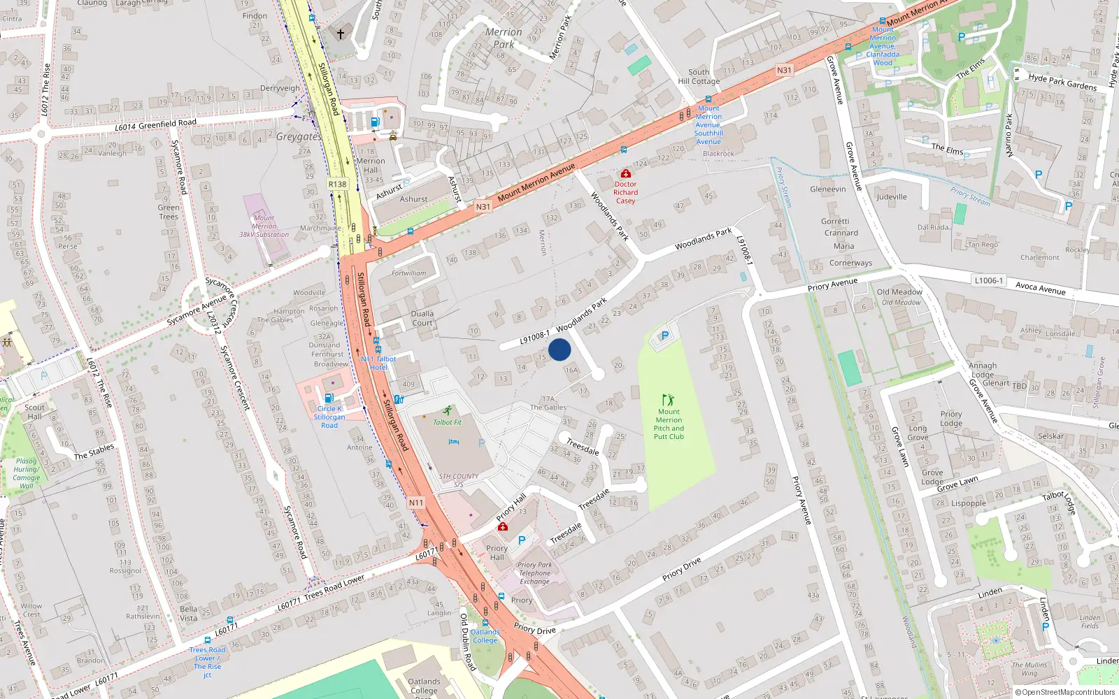 Overhead map showing the location of 16 Woodlands Park, Dublin