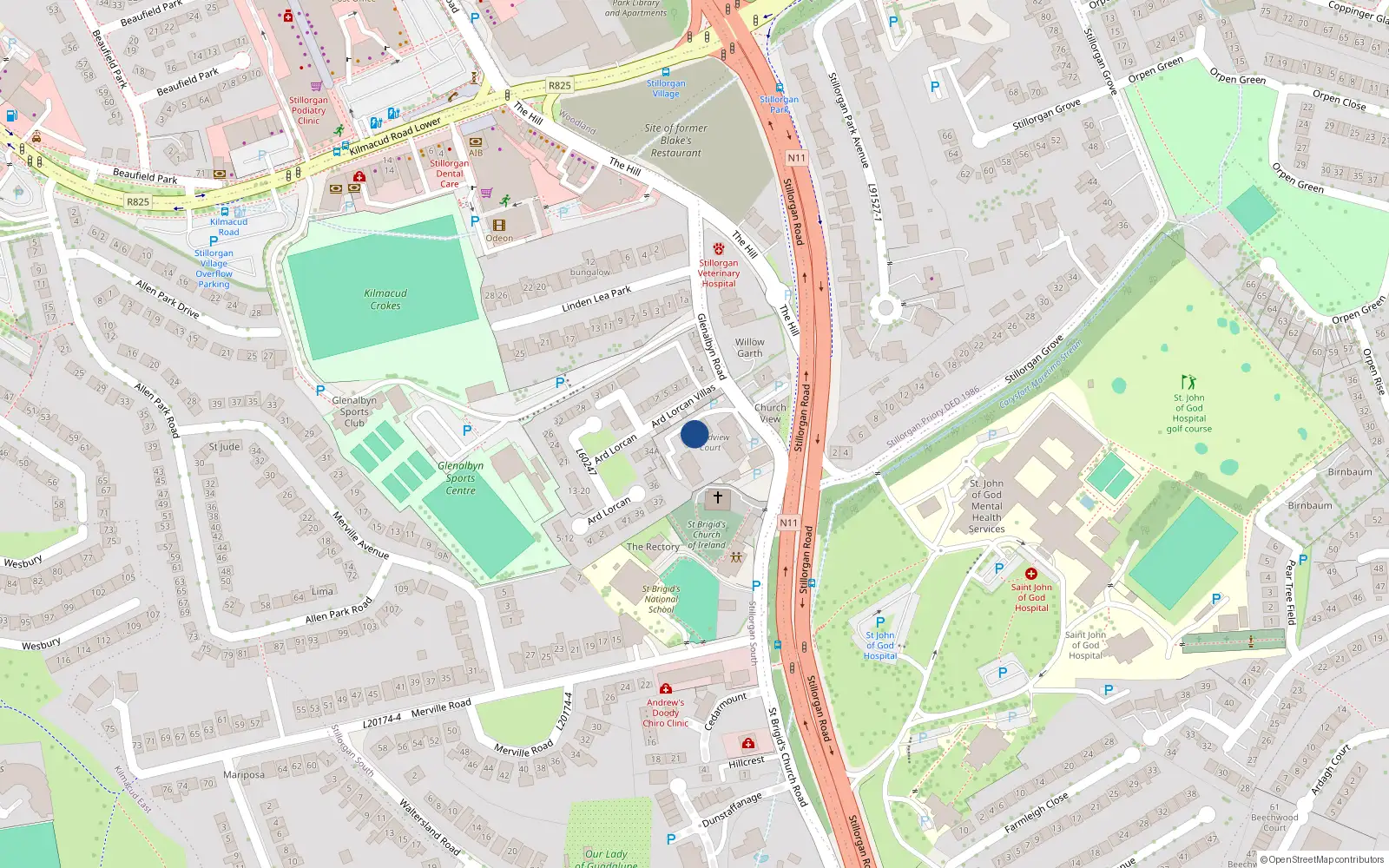 Overhead map showing the location of 16 Woodview Court, Glenalbyn Road, Stillorgan